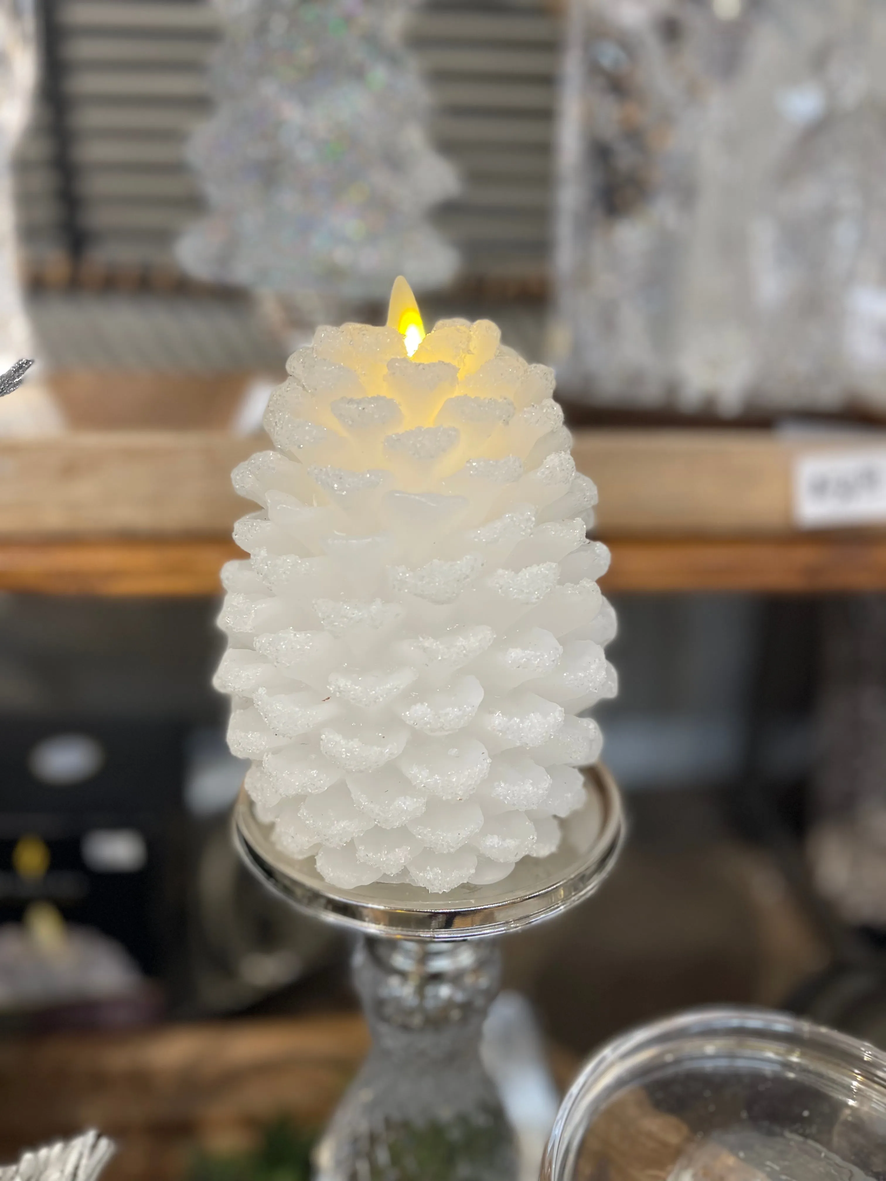 6.5" White Snowy LED Pinecone Candle