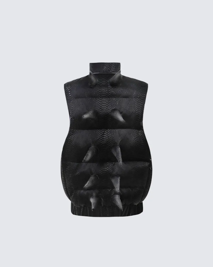 American Street Style Alien-Spiked Hooded Warm Snakeskin Leather Vest