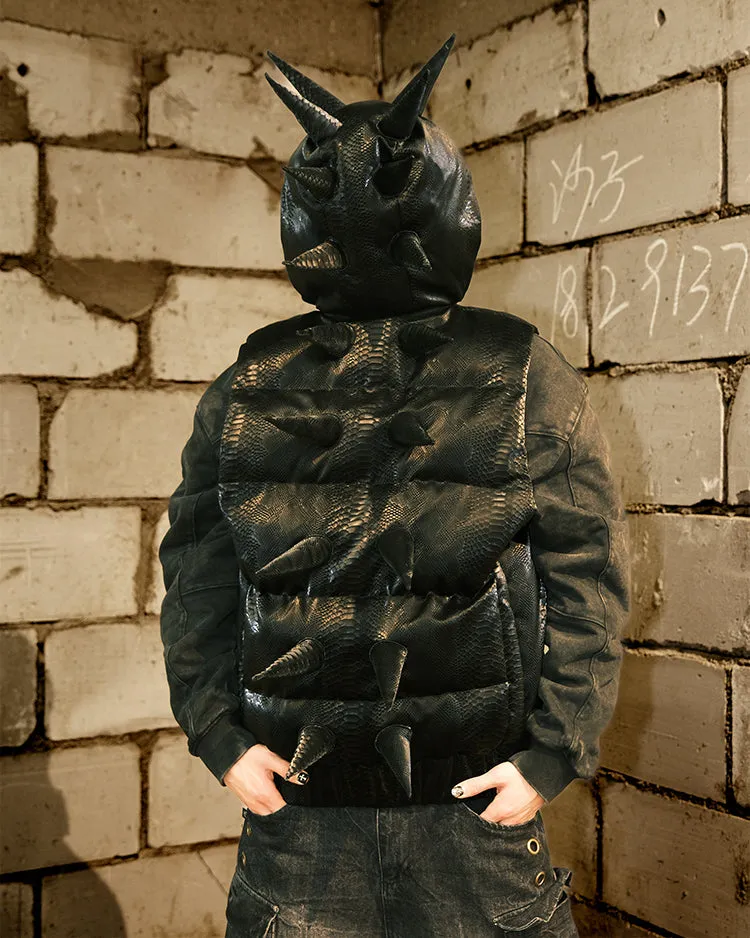 American Street Style Alien-Spiked Hooded Warm Snakeskin Leather Vest