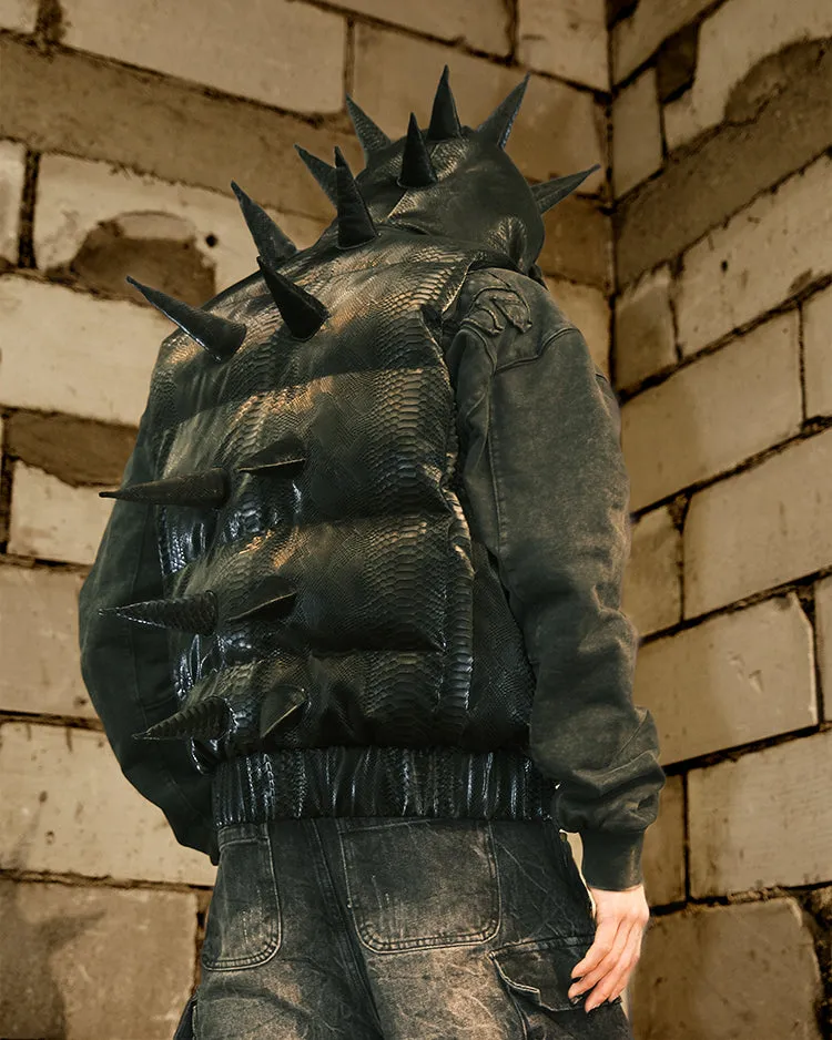 American Street Style Alien-Spiked Hooded Warm Snakeskin Leather Vest