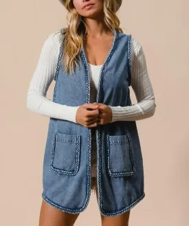 BiBi Denim Women Vest US Stock Braided Trim Open Front with Pockets