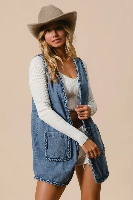 BiBi Denim Women Vest US Stock Braided Trim Open Front with Pockets