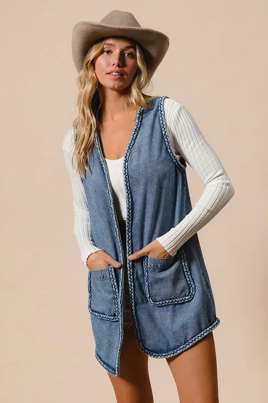 BiBi Denim Women Vest US Stock Braided Trim Open Front with Pockets