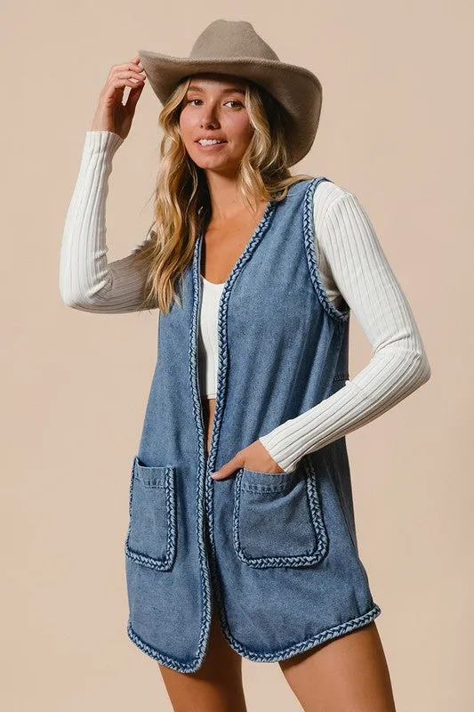 BiBi Denim Women Vest US Stock Braided Trim Open Front with Pockets