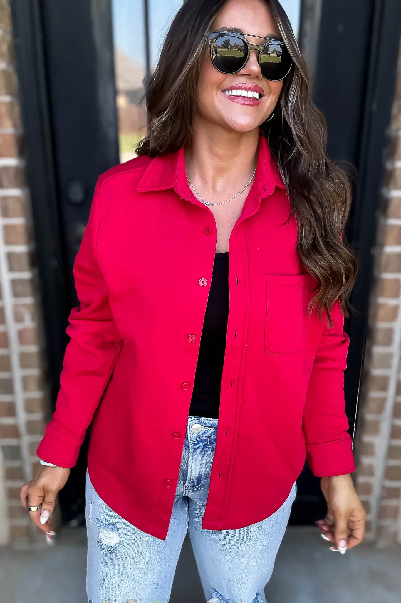 Button Up Red Fleece Shirt Jacket