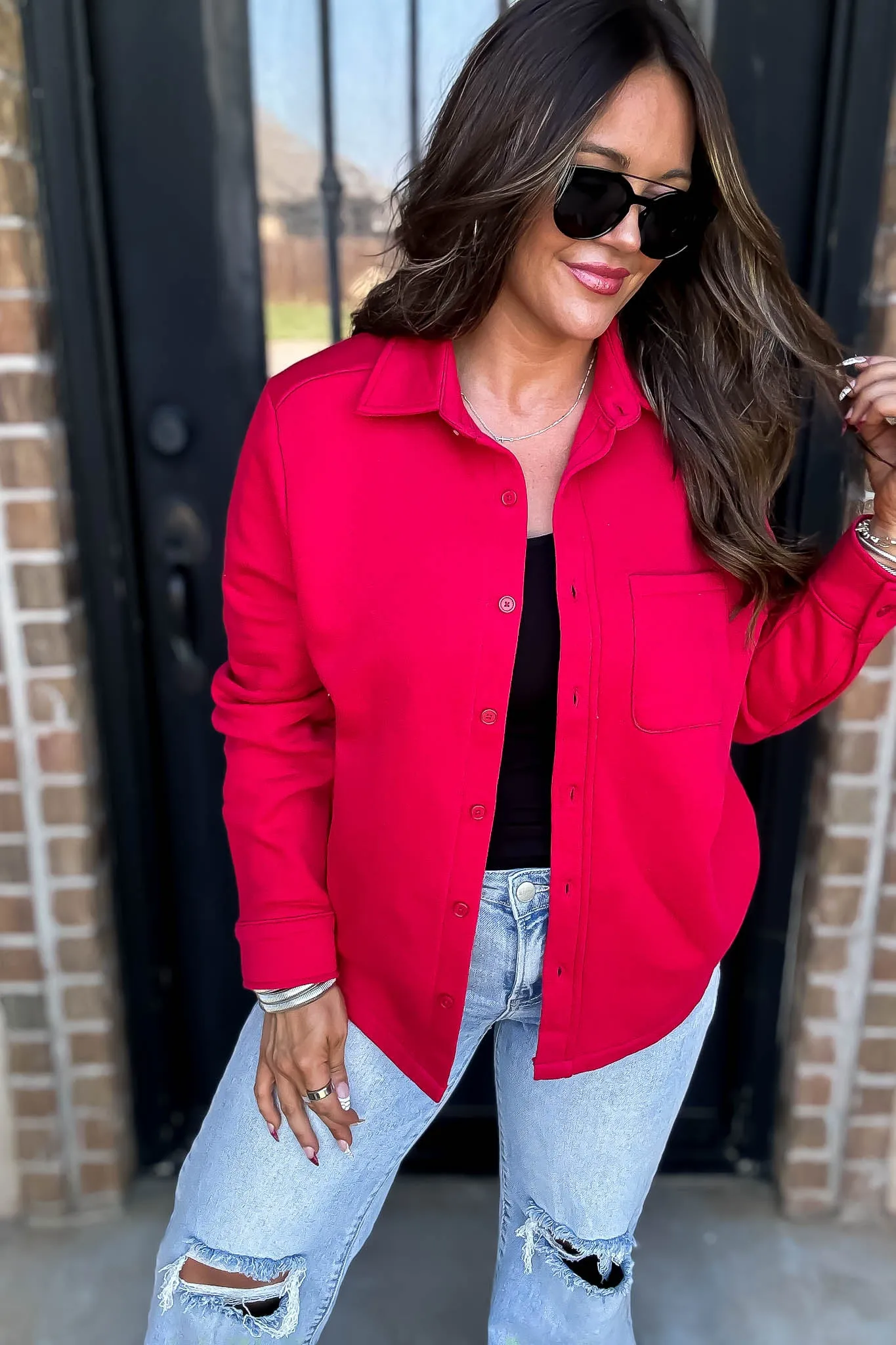 Button Up Red Fleece Shirt Jacket