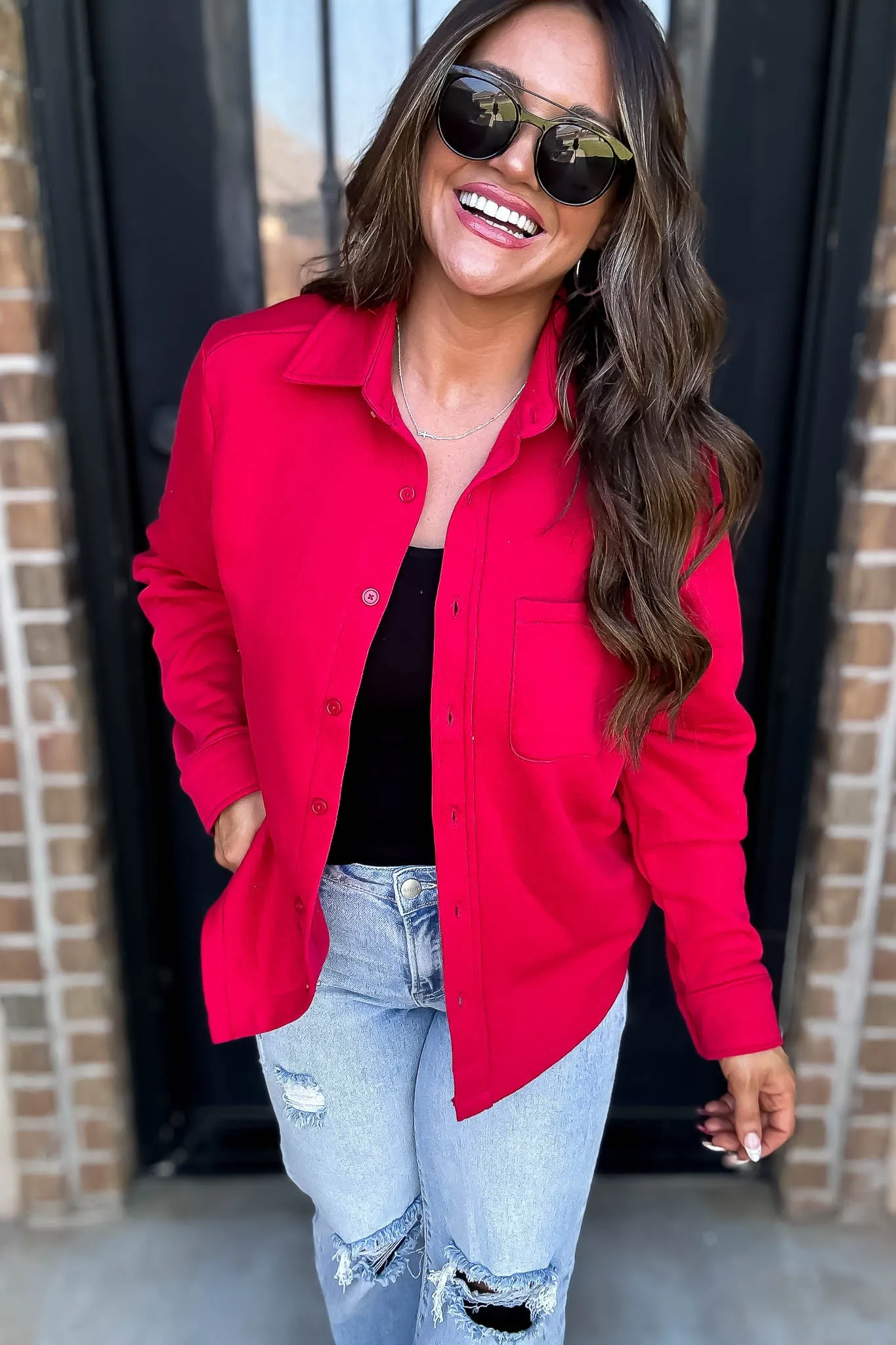 Button Up Red Fleece Shirt Jacket