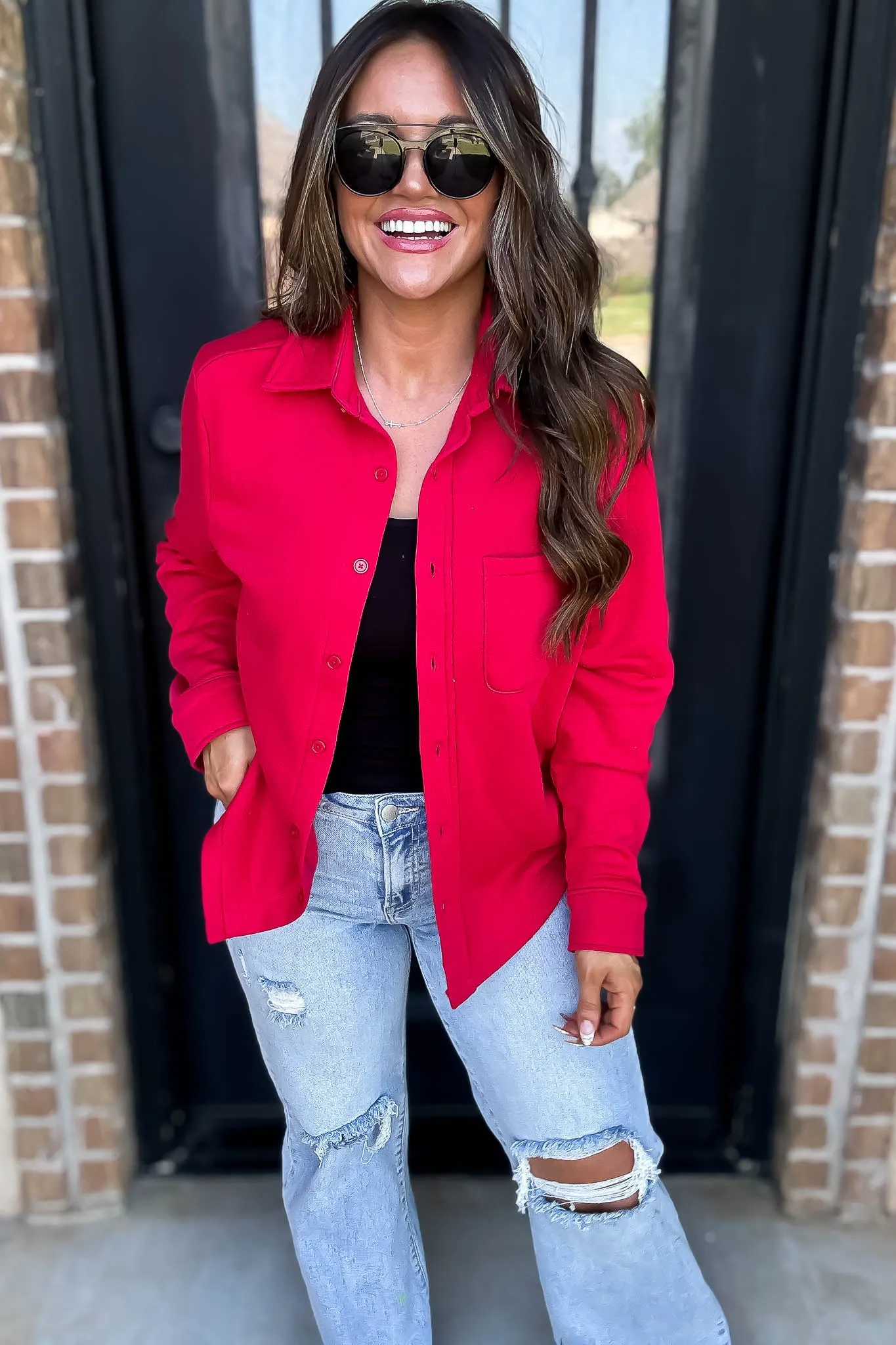 Button Up Red Fleece Shirt Jacket