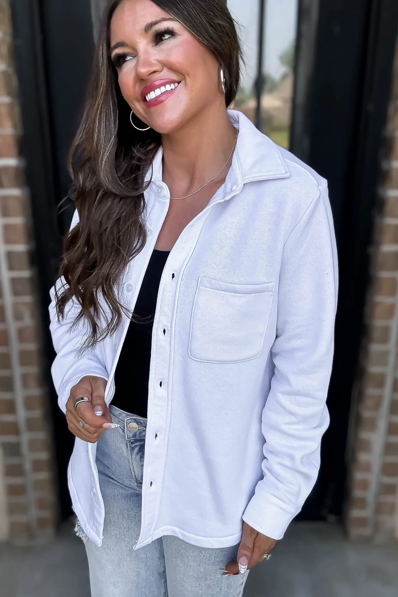 Button Up White Fleece Shirt Jacket