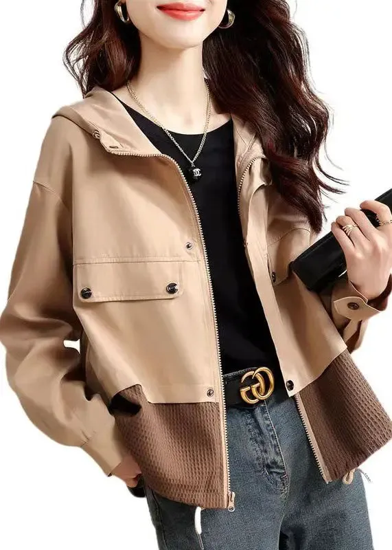 Casual Light Khaki Zip Up Patchwork Cotton Hooded Jacket Fall LY8337