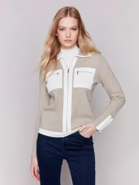 Charlie B Sweater Jacket With Patch Pocket And Zipper - C6344 - 739B