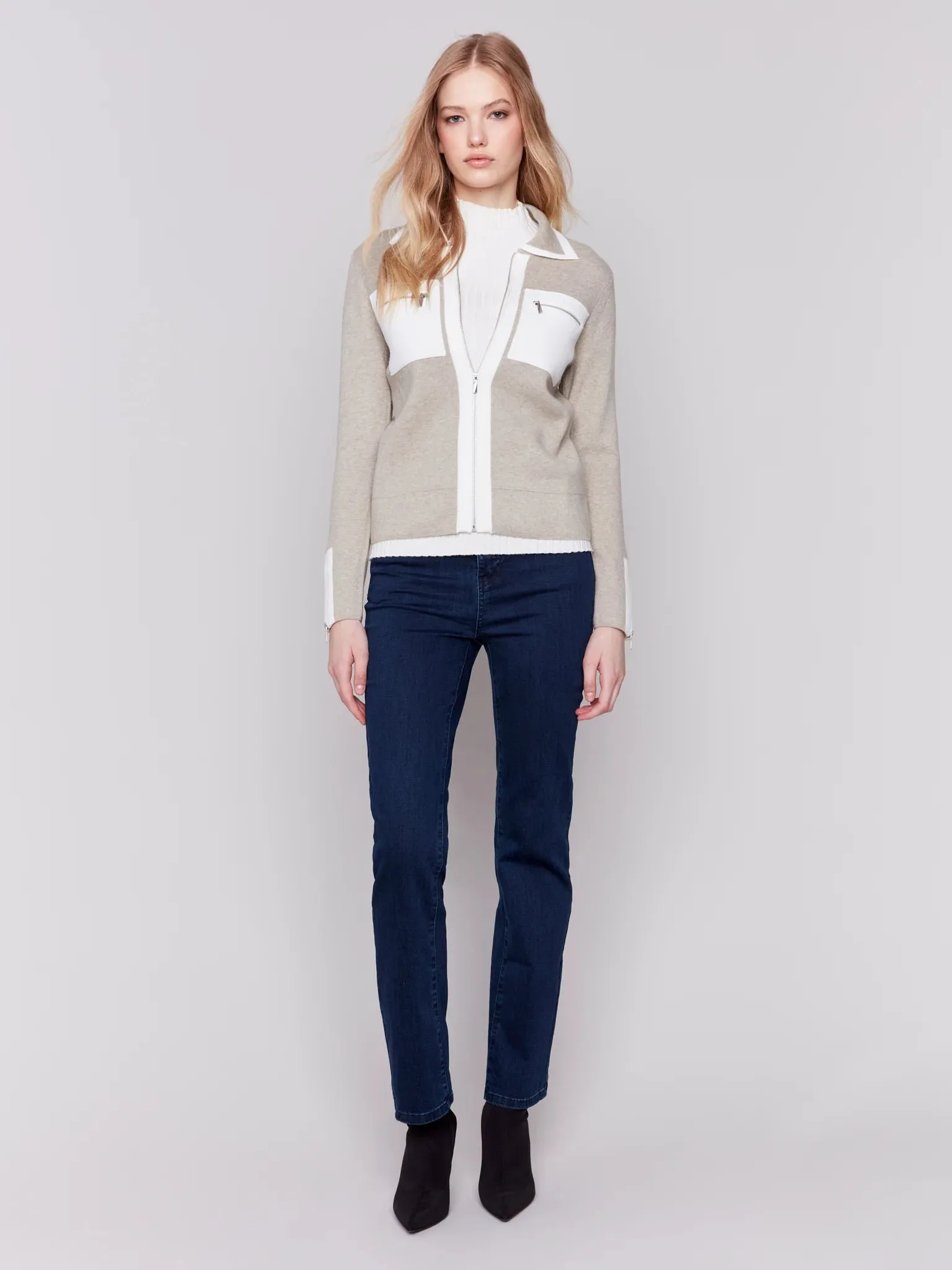 Charlie B Sweater Jacket With Patch Pocket And Zipper - C6344 - 739B