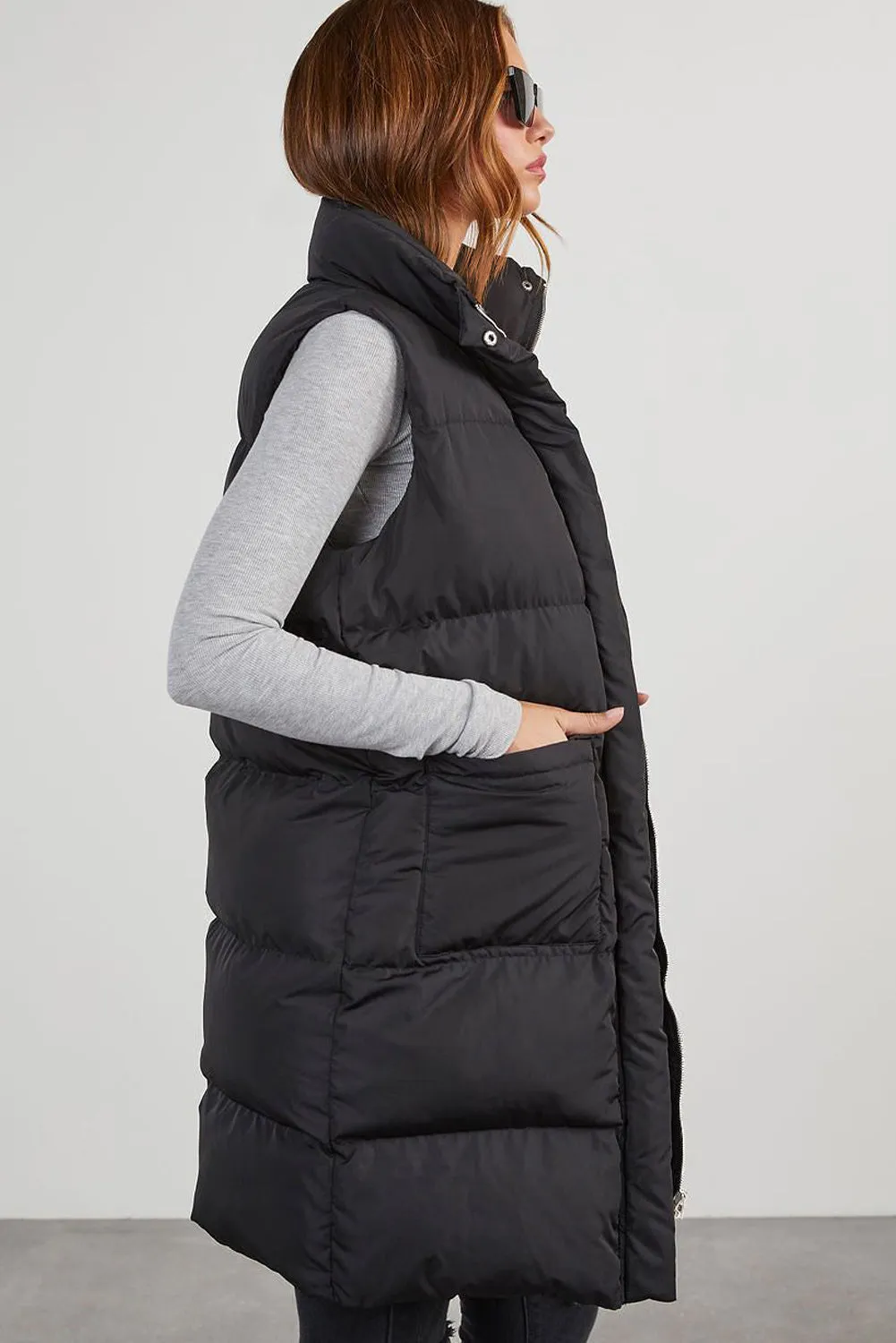 Coffee Windproof Longline Full Zipper Puffer Vest with Pockets