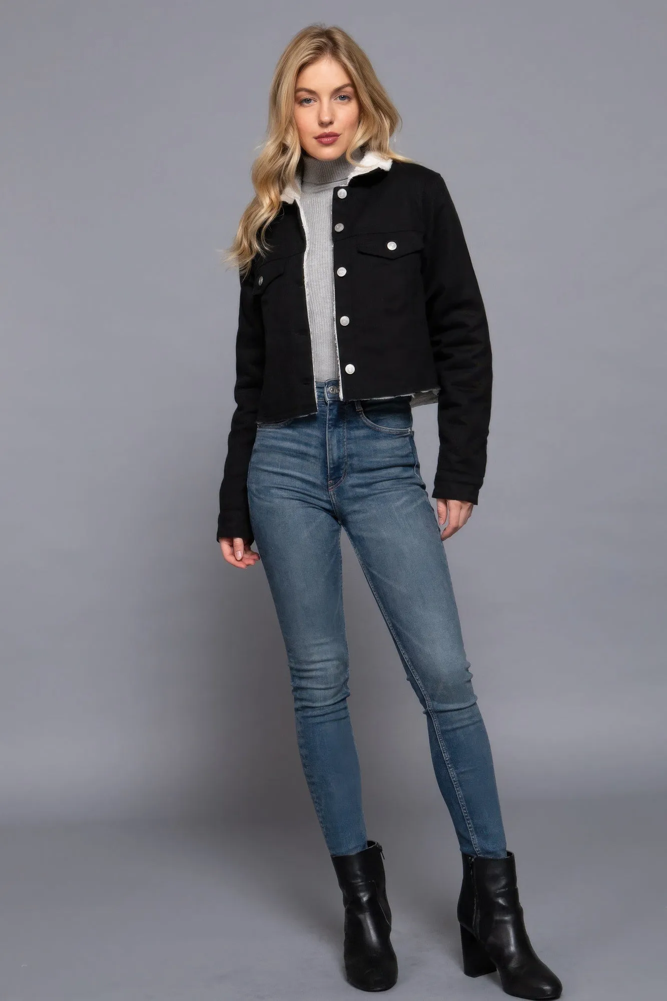 Cozy Button Closure Sherpa-Lined Twill Jacket in Black | Fashion M&J