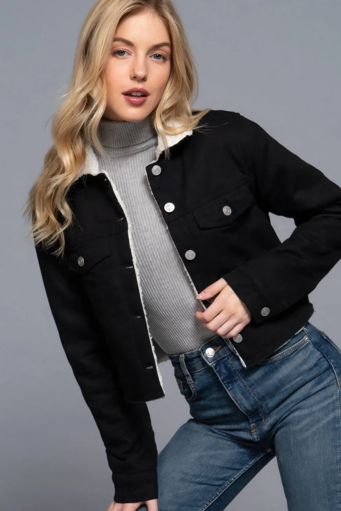 Cozy Button Closure Sherpa-Lined Twill Jacket in Black | Fashion M&J