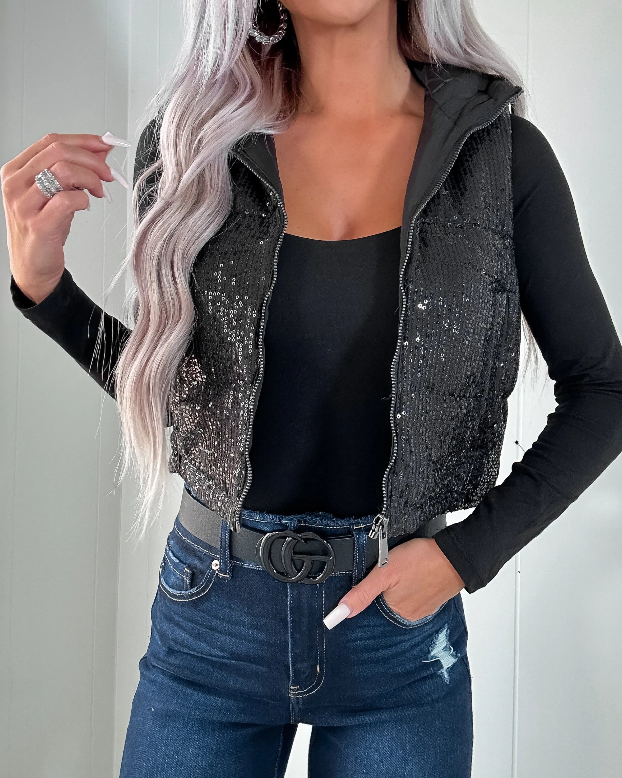 DOORBUSTER Sequin Puffer Vest - Black