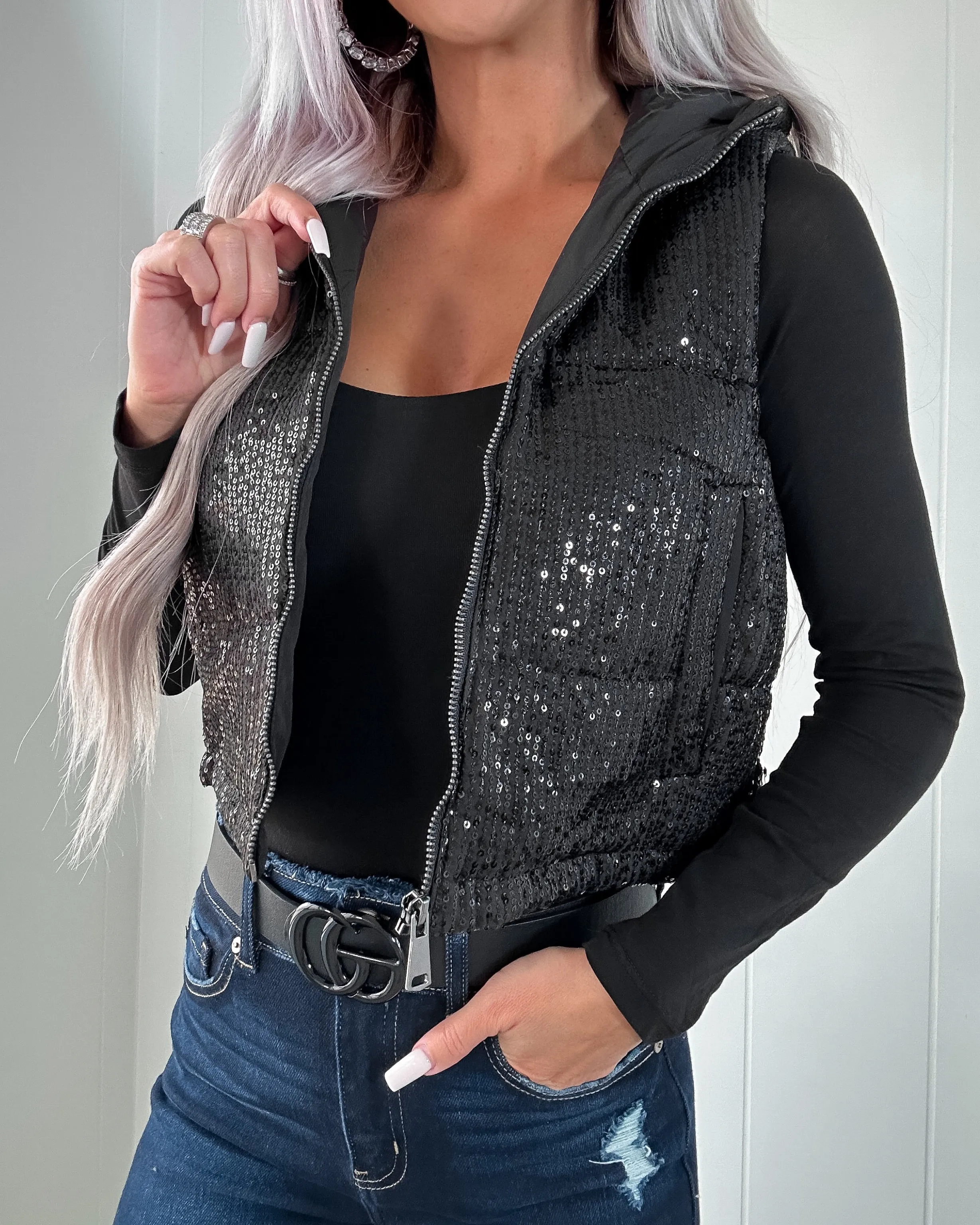 DOORBUSTER Sequin Puffer Vest - Black