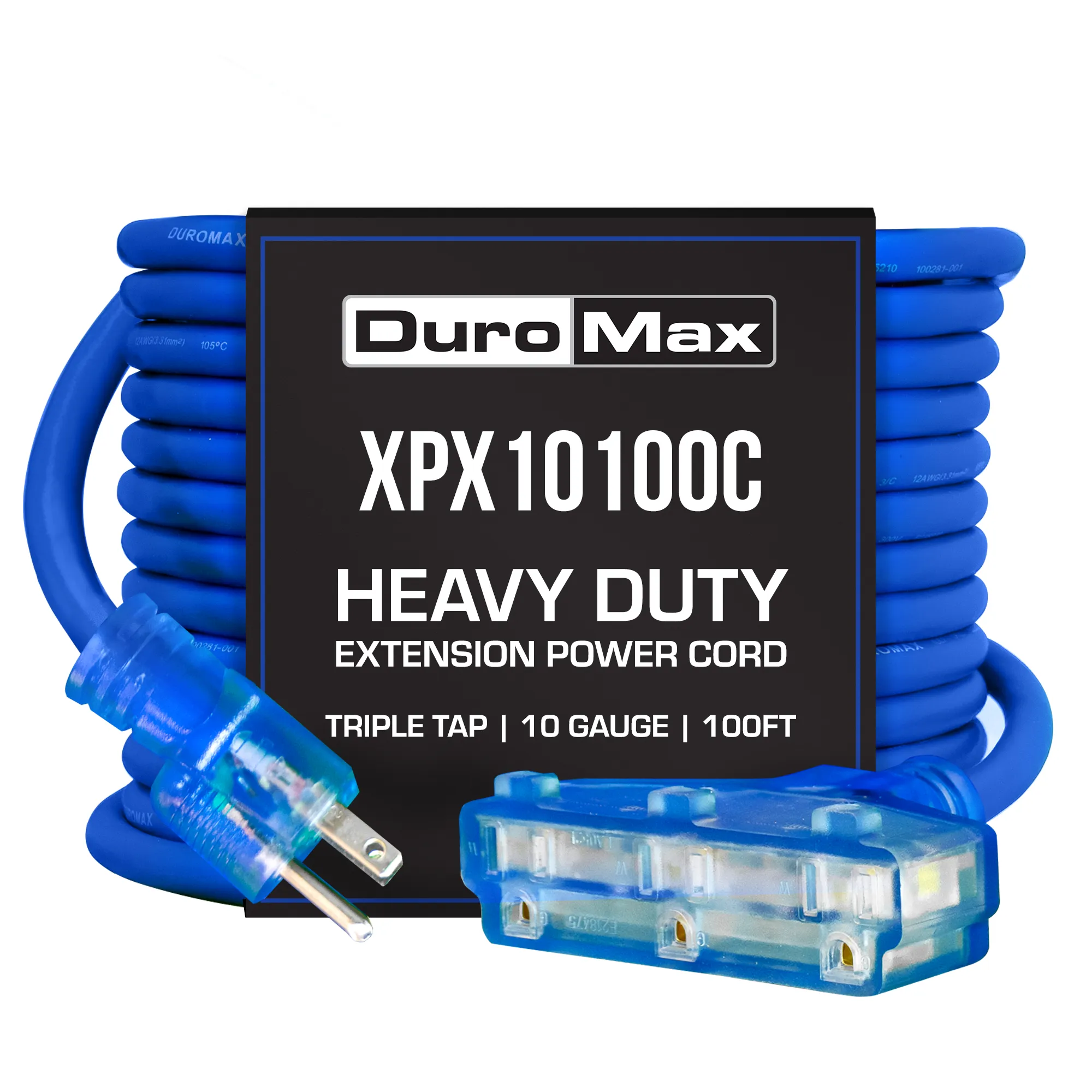 DuroMax XPX10100C Heavy Duty SJEOOW 100-Foot 10 Gauge Blue Triple Tap Extension Power Cord