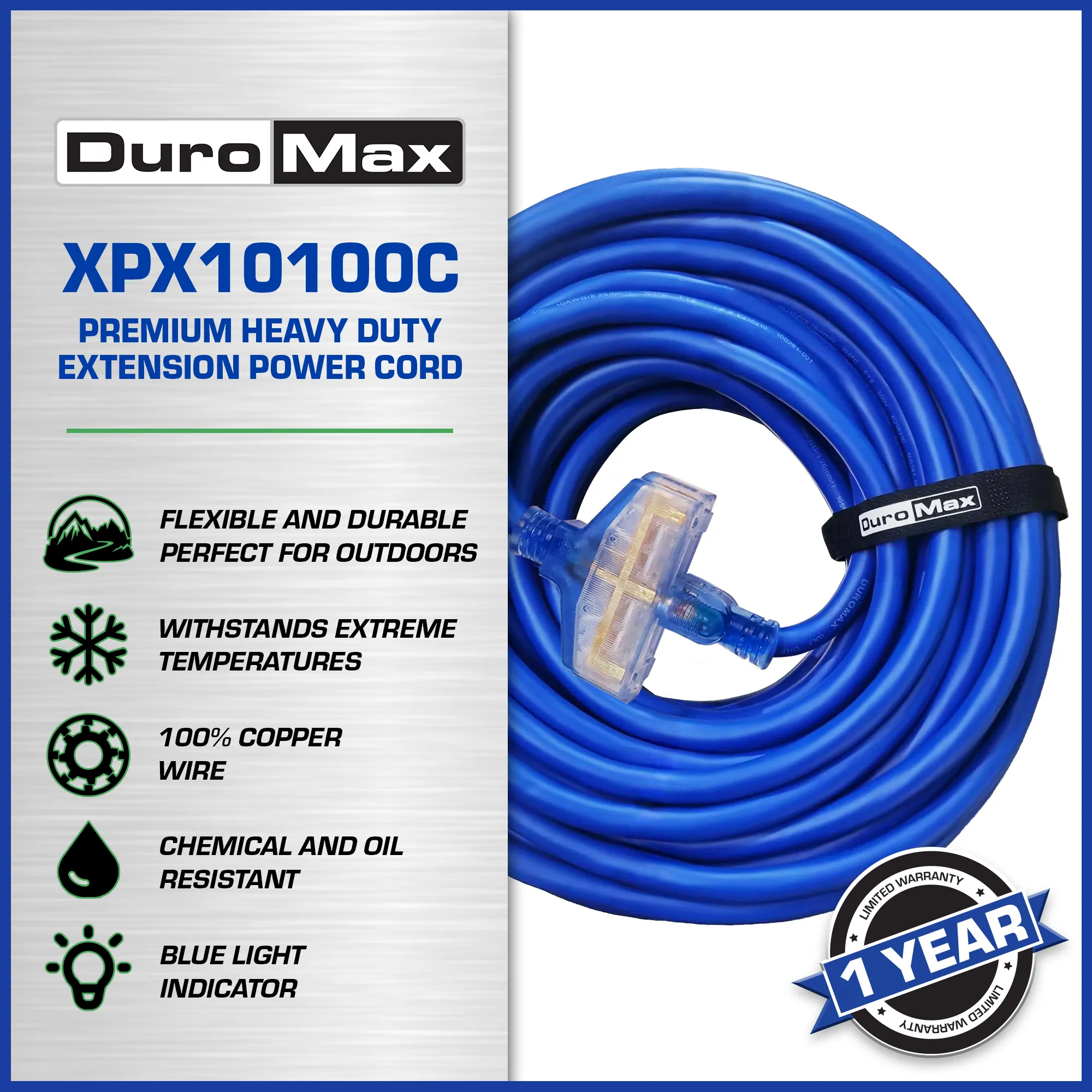 DuroMax XPX10100C Heavy Duty SJEOOW 100-Foot 10 Gauge Blue Triple Tap Extension Power Cord