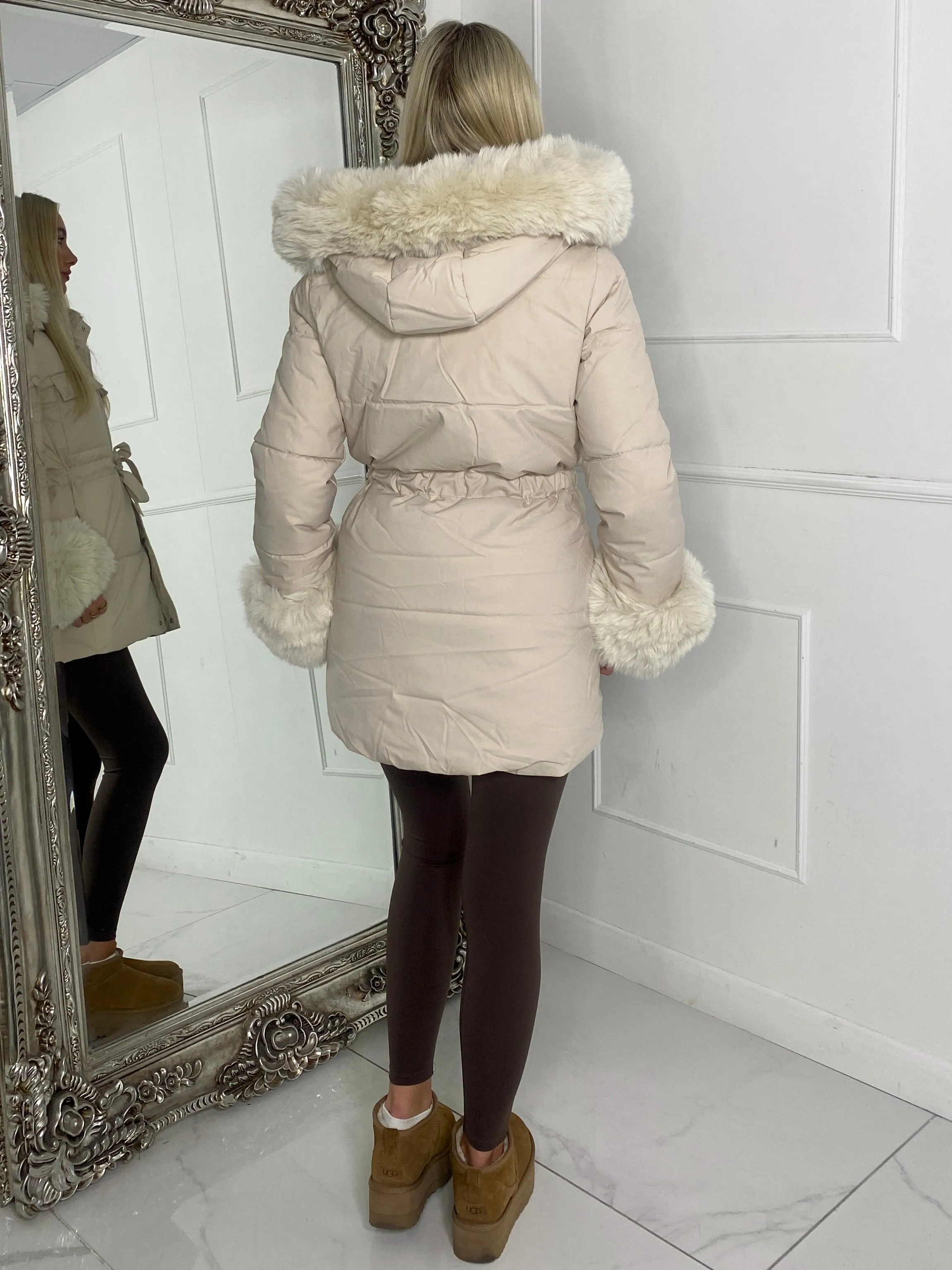 Fur hood trim Detail Longline Jacket - Beige