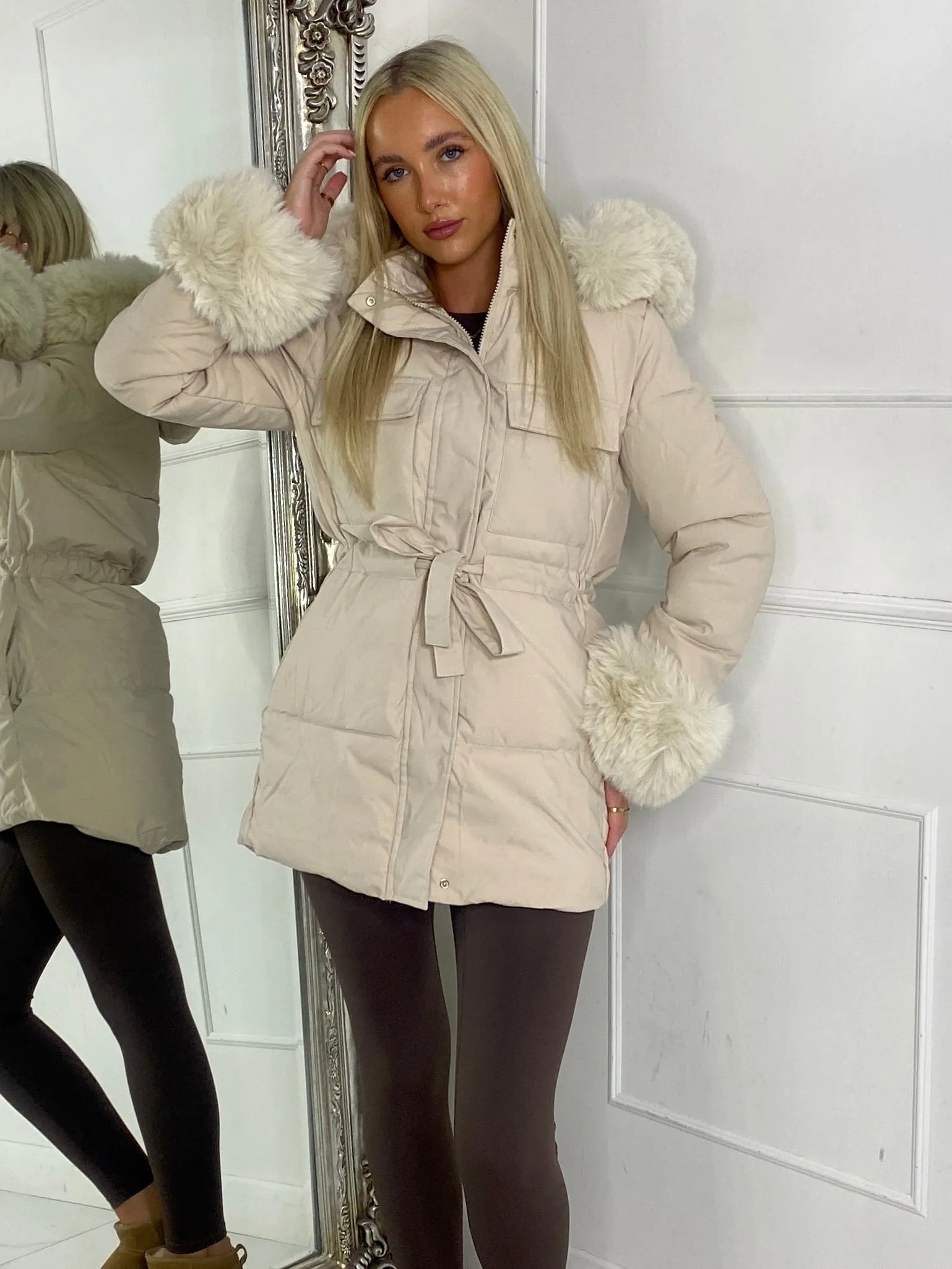 Fur hood trim Detail Longline Jacket - Beige