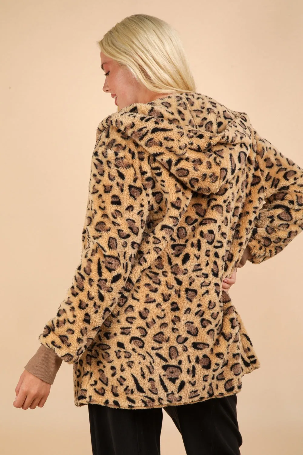 Fuzzy Leopard Long Sleeve Hooded Jacket