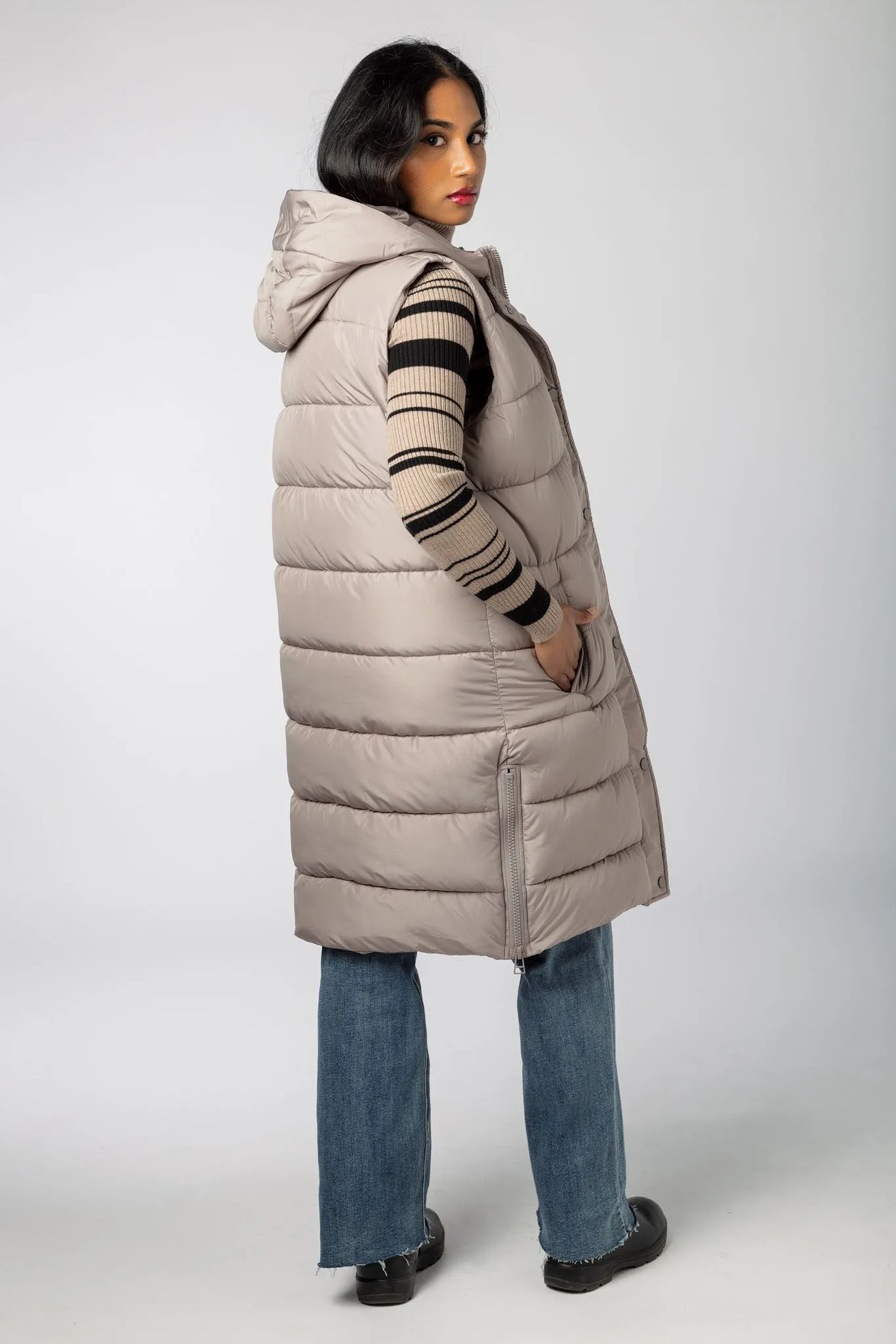 Hooded Midi Puffer Vest with Side Zippers