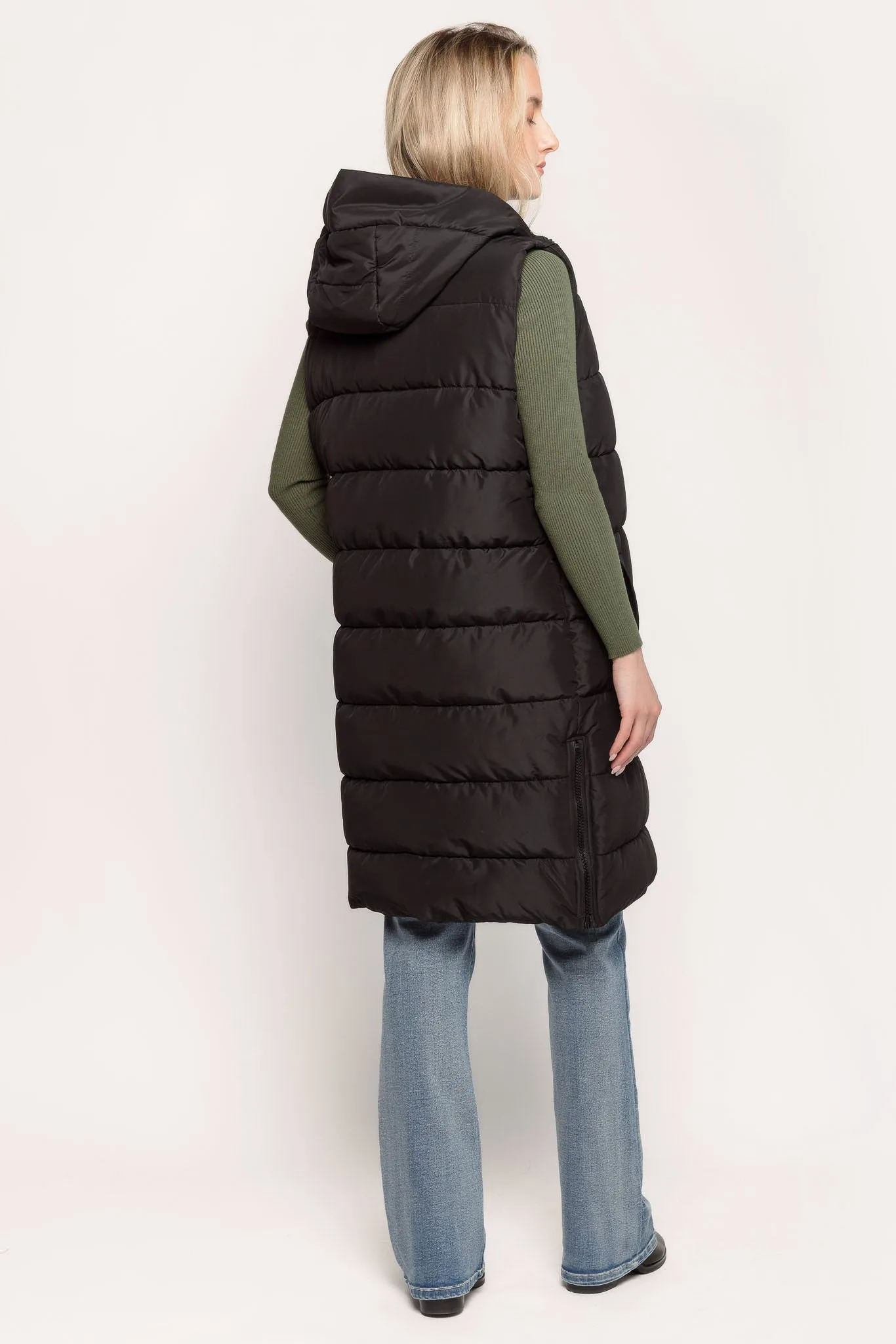 Hooded Midi Puffer Vest with Side Zippers