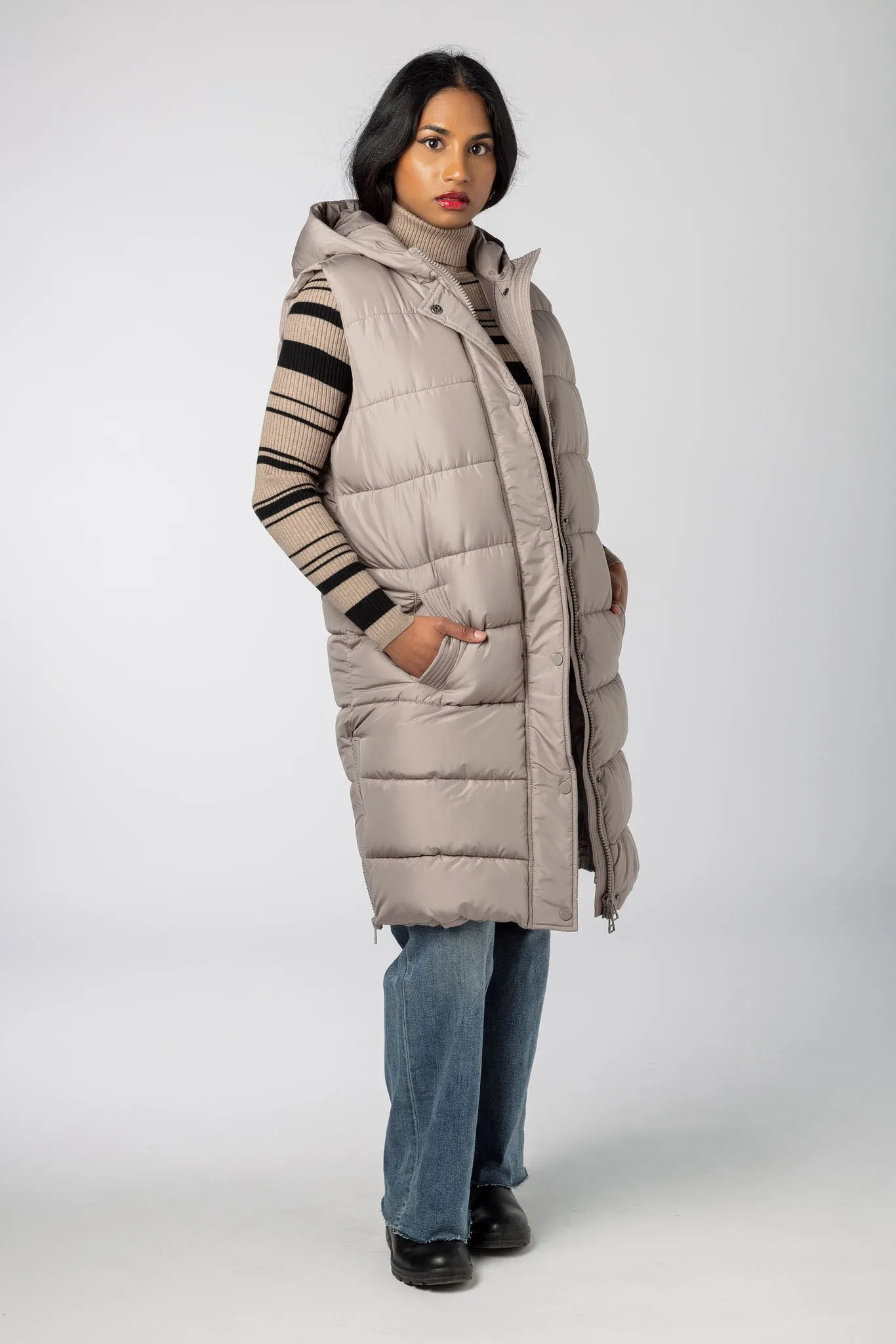 Hooded Midi Puffer Vest with Side Zippers