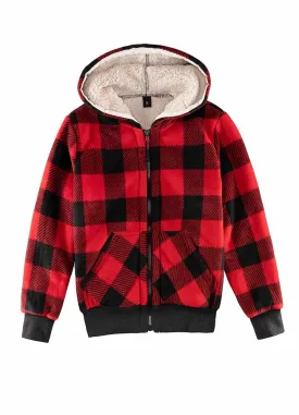 Kids Matching Family Sherpa Lined Red Plaid Sweatshirt Jacket