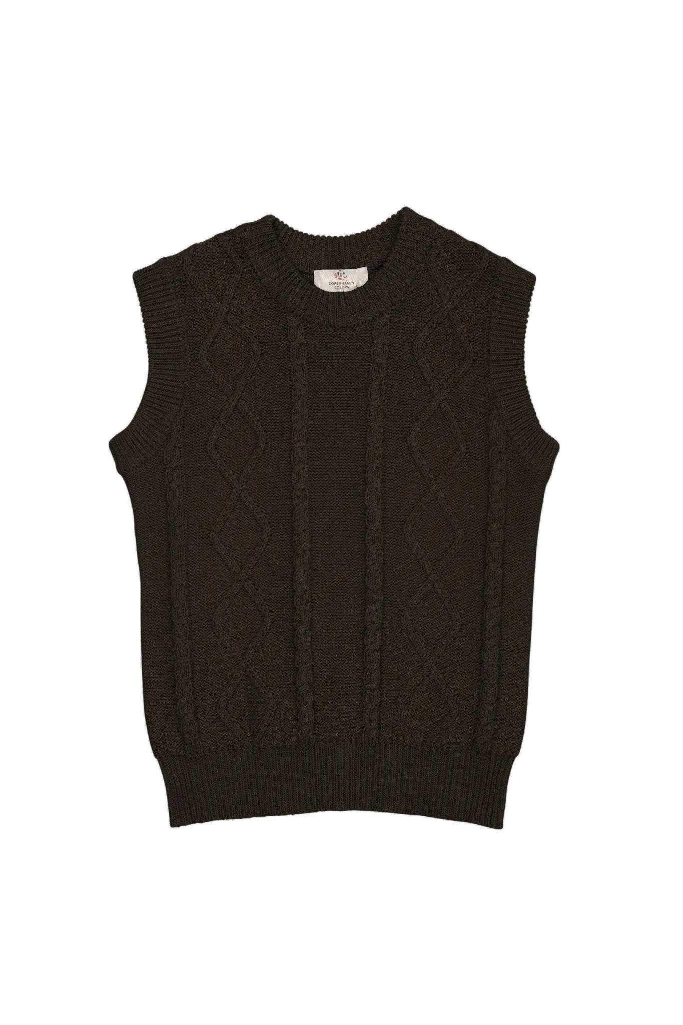 KNITTED CABLE VEST - DARK BROWN