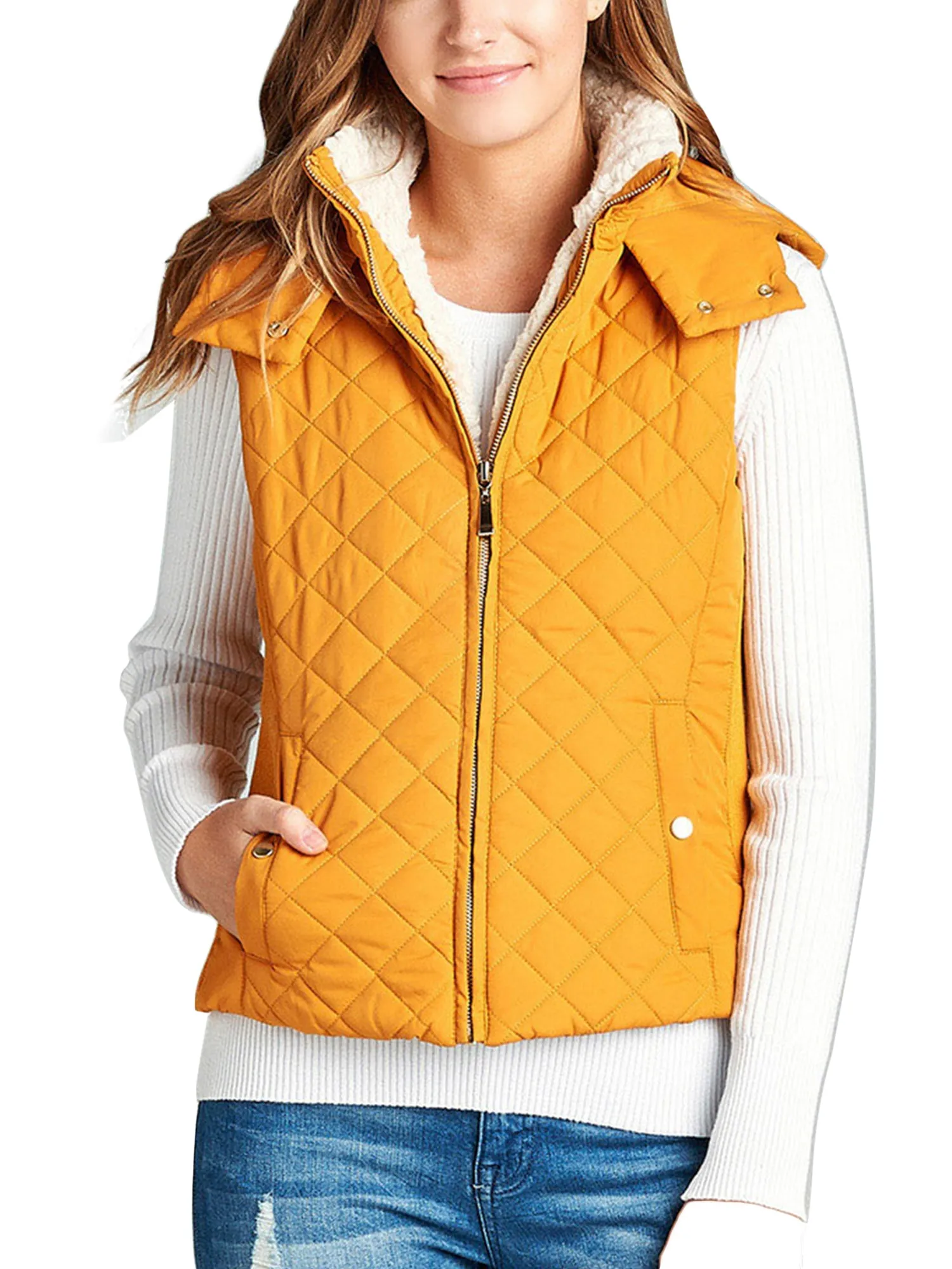 KOGMO Women's Quilted Lightweight Hoodie Vest with Sherpa Line Detail