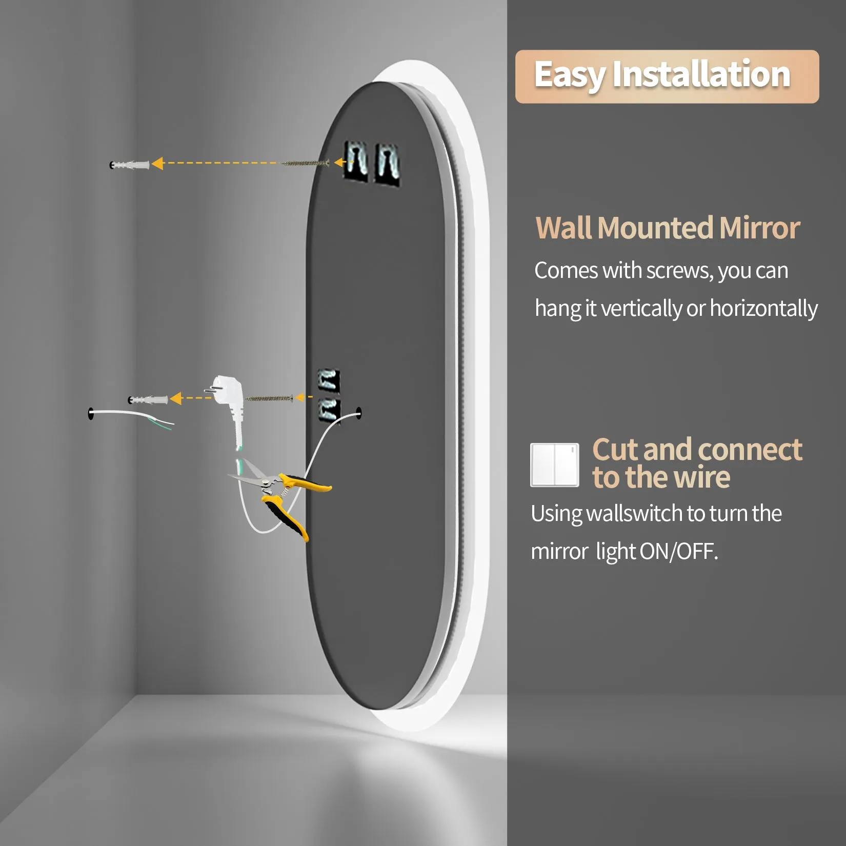 LUVODI Oval LED Bathroom Mirror Defogging 3 Colors Vertical or Horizontal