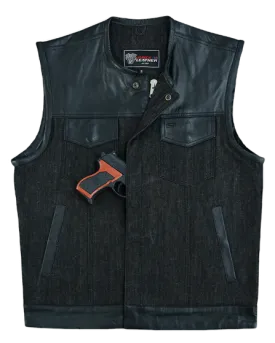 Mens Denim & Leather Motorcycle Vest with Dual Conceal Carry Pockets, SOA Biker Club Vest, Snap & Zipper Closure