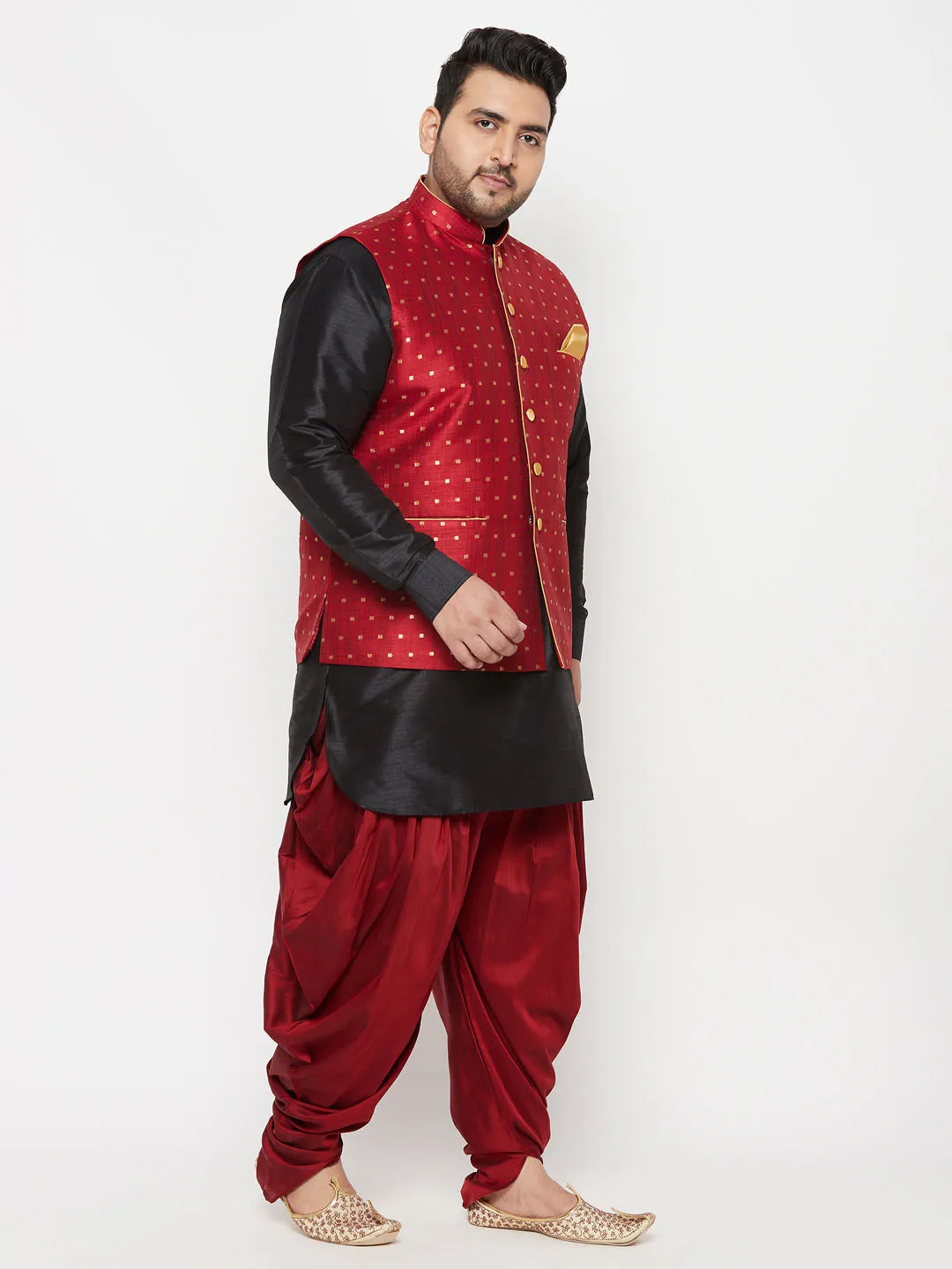 Men's Plus Black, Maroon And White Silk Blend Jacket Kurta Pyjama Set - Vastramay