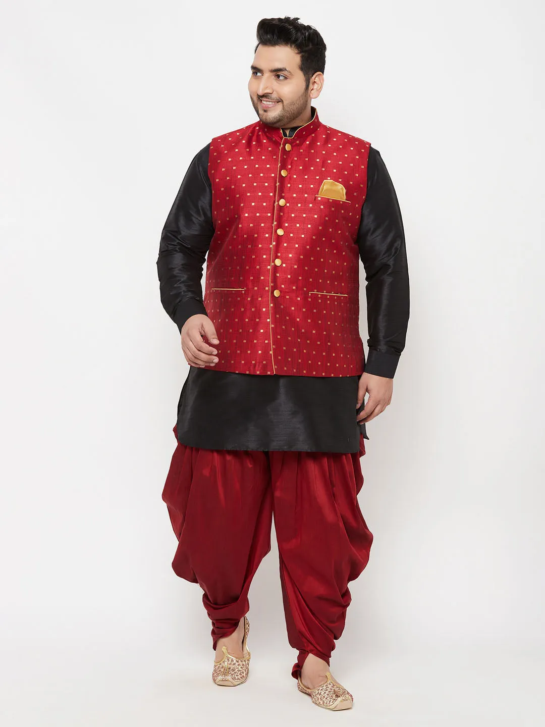 Men's Plus Black, Maroon And White Silk Blend Jacket Kurta Pyjama Set - Vastramay