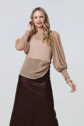 Mesh Fishnet Long Puff Sleeve Top