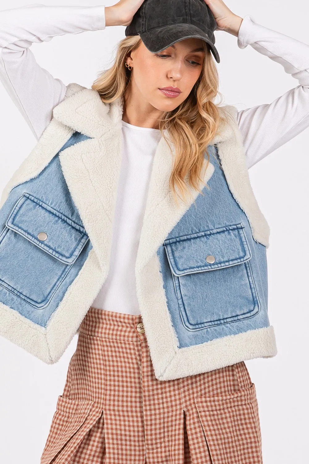 Pocketed Collared Neck Sherpa Vest