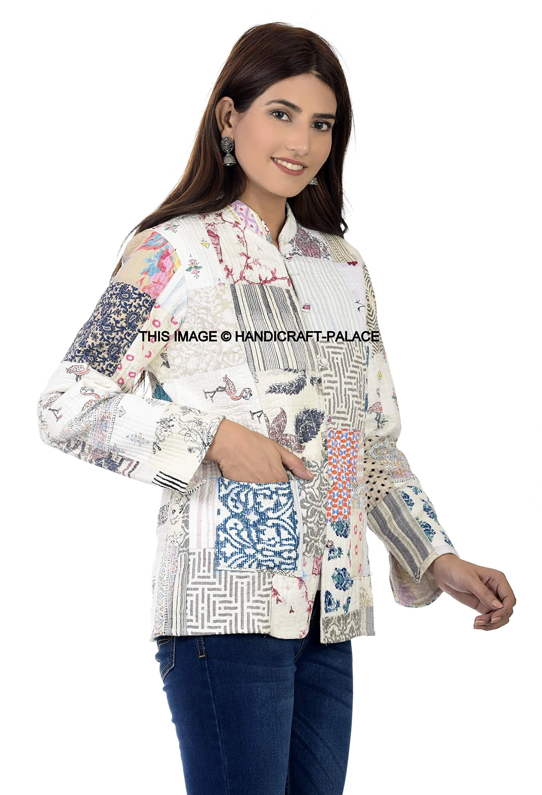 Ravaiyaa - Attitude is everything Women Reversible Floral Print Jacket Women's Quilted Jacket Girls Patchwork Decor Coat Cotton Blazer Jacket Long Sleeve (White, X-Large)