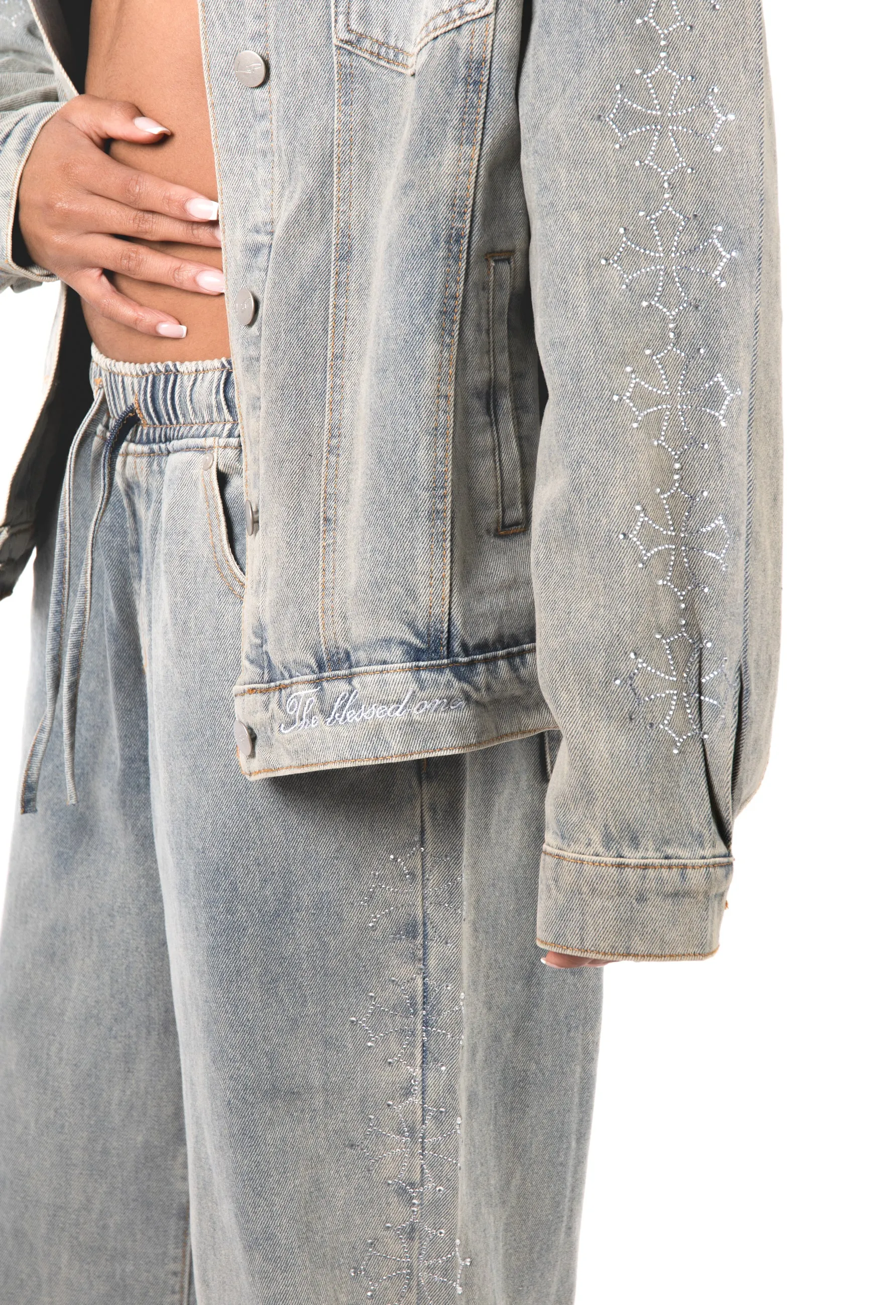 Rhinestone Embellished Denim Boyfriend Fit Denim Jacket