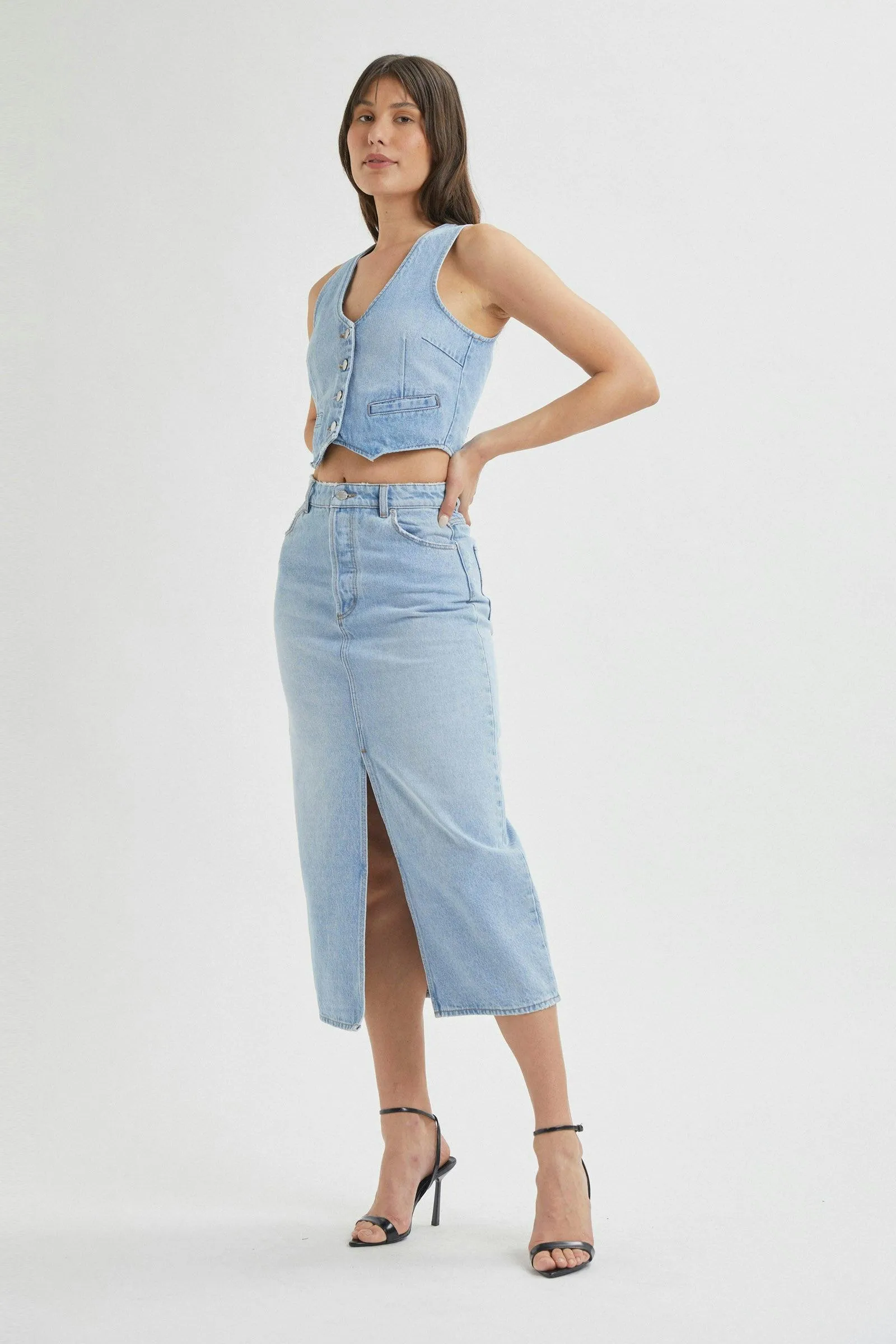 ROLLAS Chicago Denim Midi Skirt - Old Stone