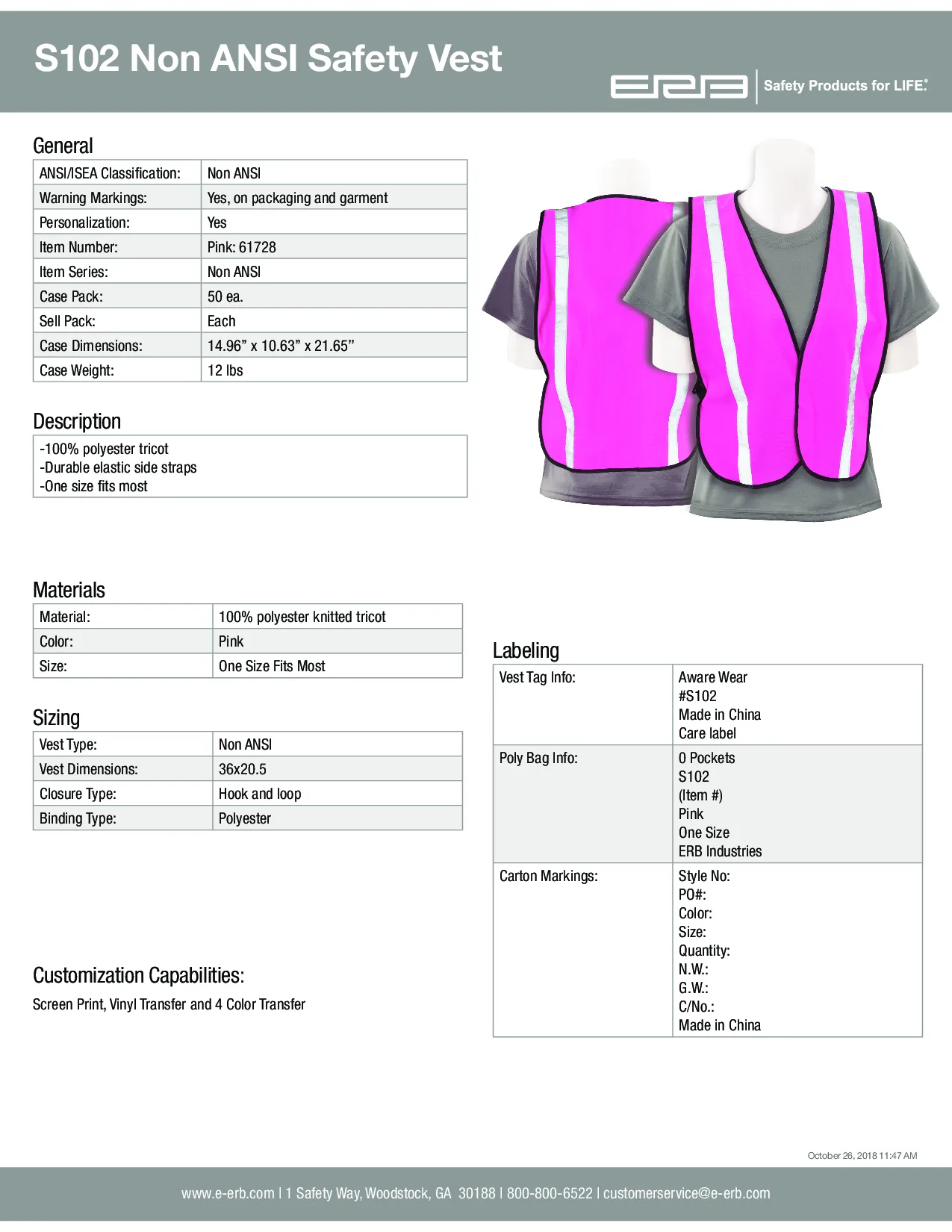 S102 Pink Safety Vest Non-ANSI 1pc