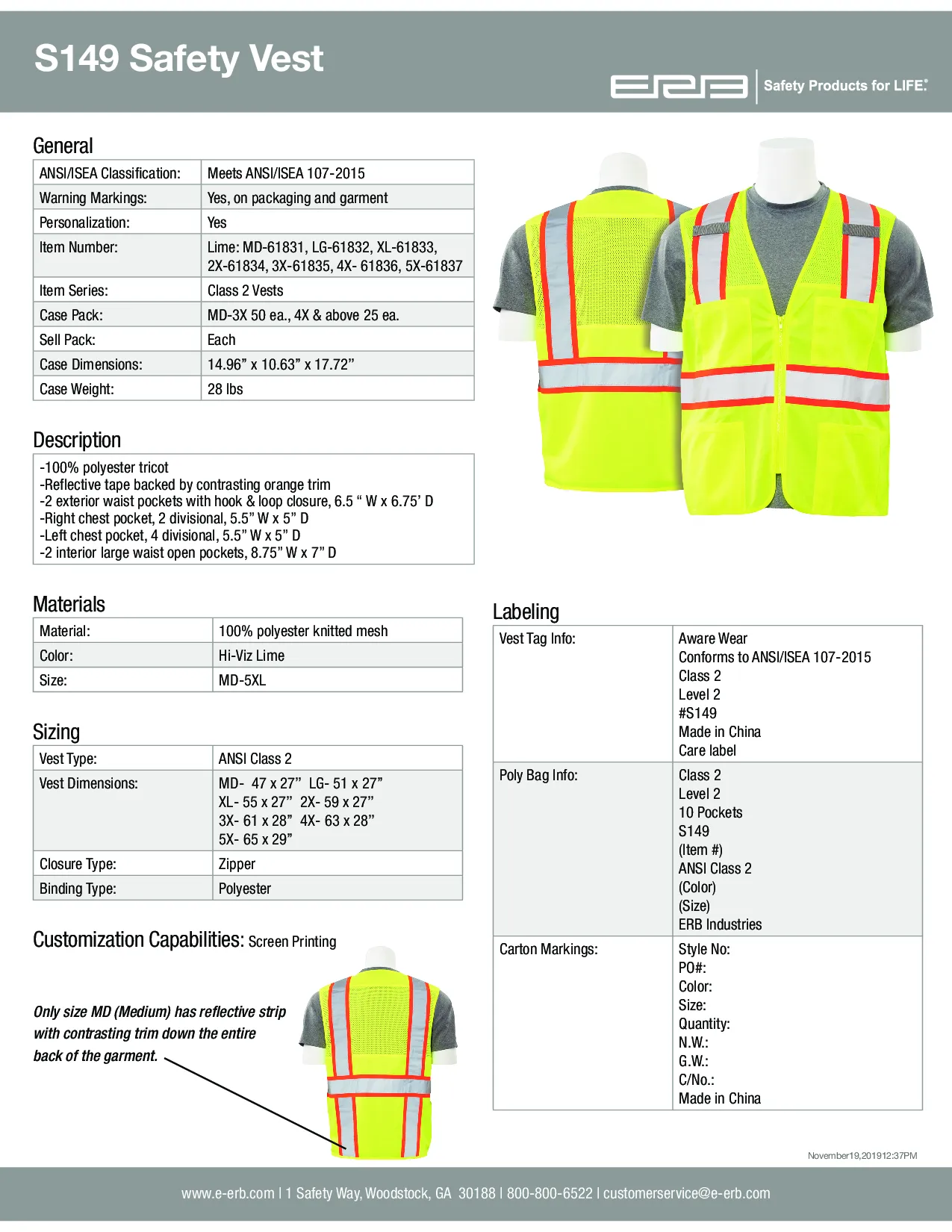 S149 Class 2 Zipper Safety Vest 1PC