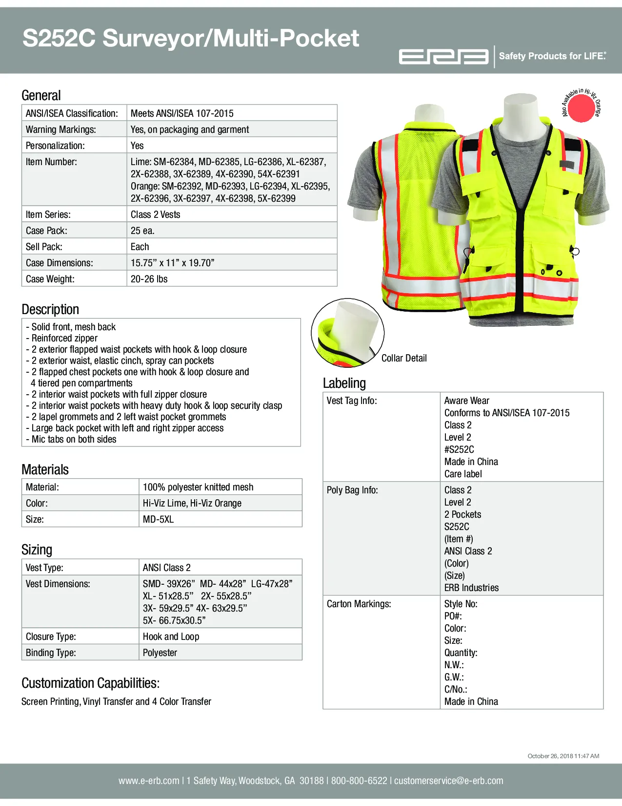 S252C Class 2 Deluxe Surveyor's Multi-Pocket Safety Vest 1pc