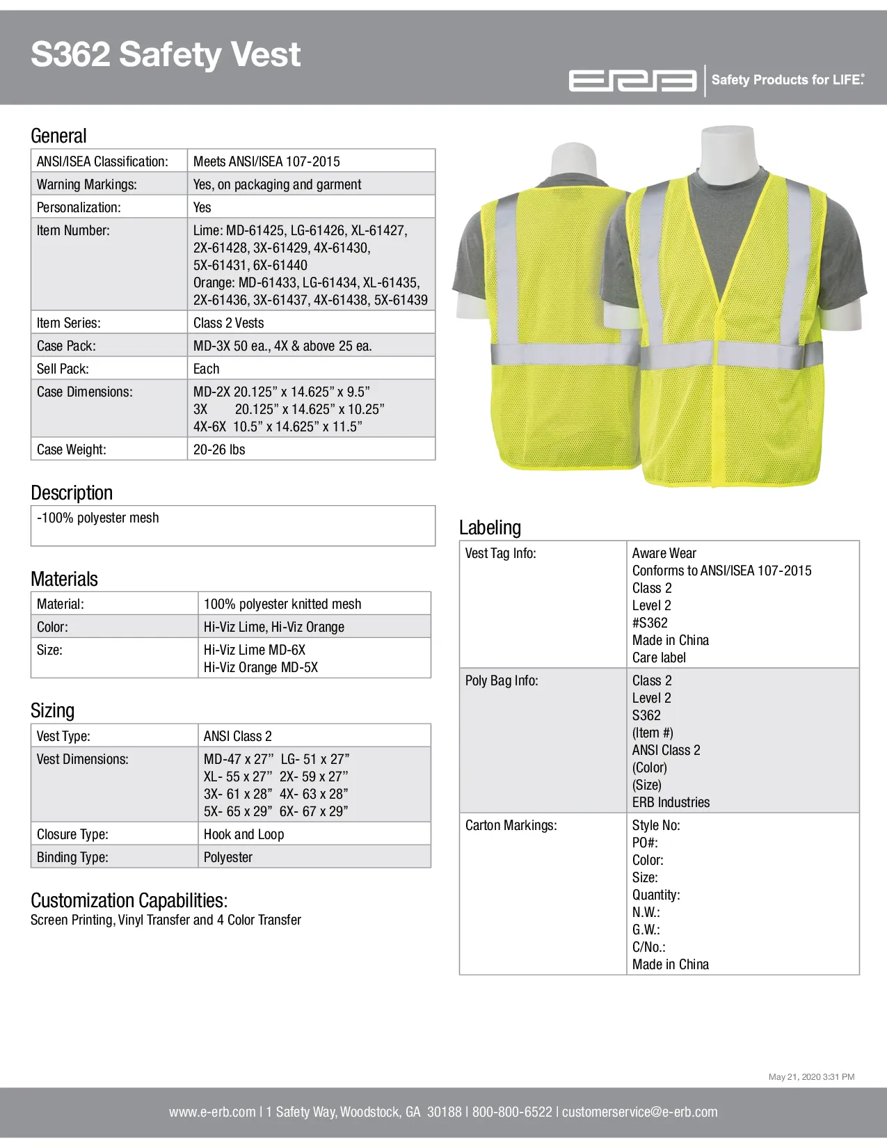 S362 Class 2 Economy Mesh Safety Vest 1PC