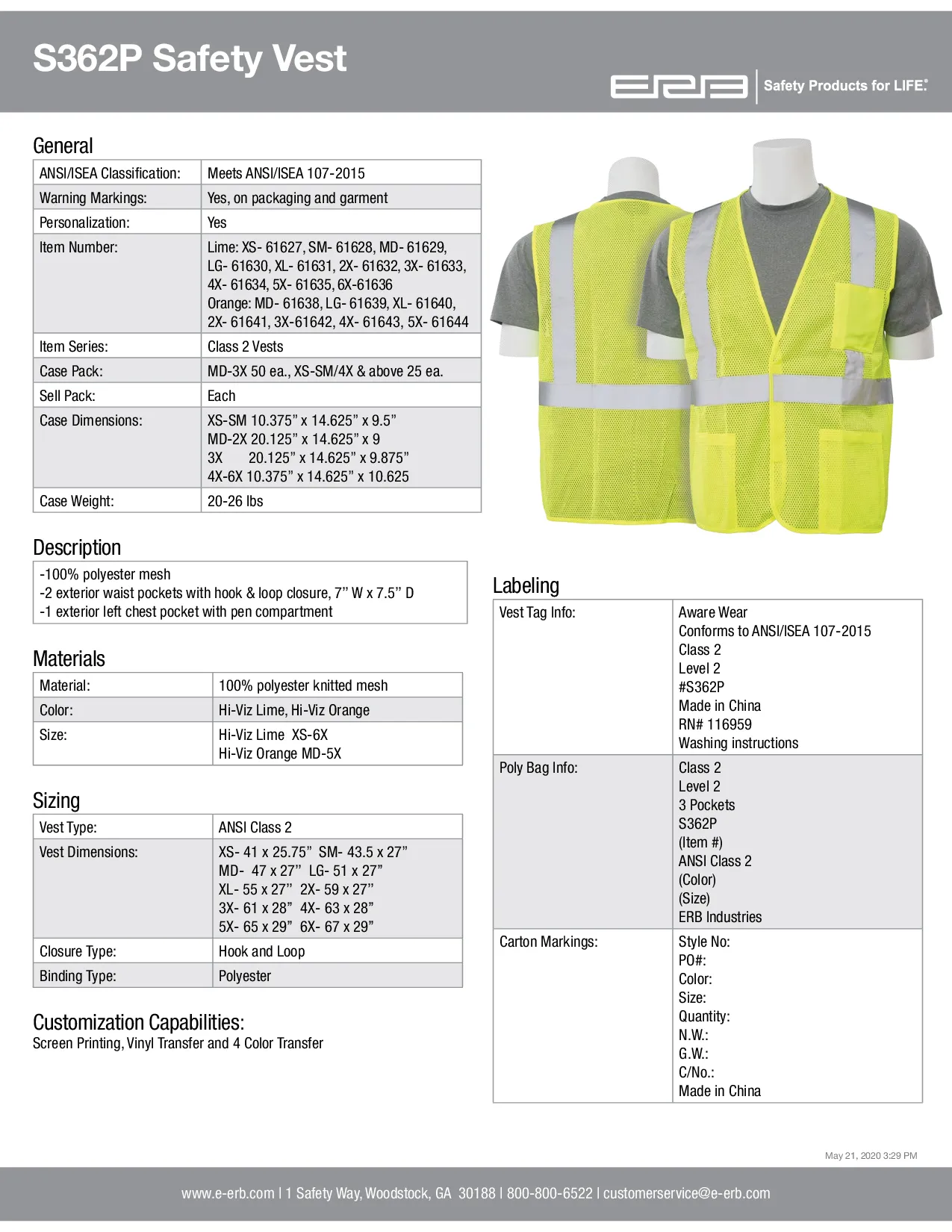 S362P Class 2 Economy Mesh Safety Vest with Pockets 1pc