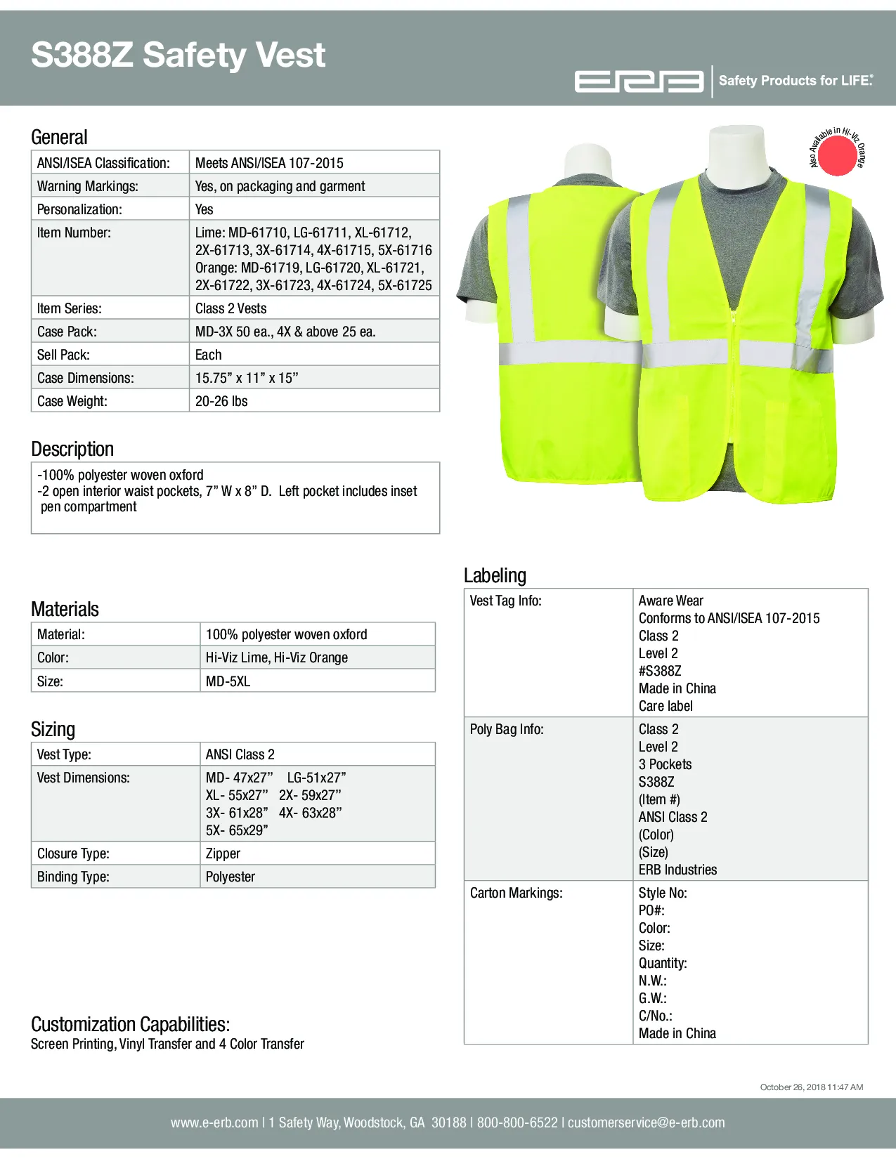 S388Z Class 2 Oxford Economy Zipper Safety Vest 1pc