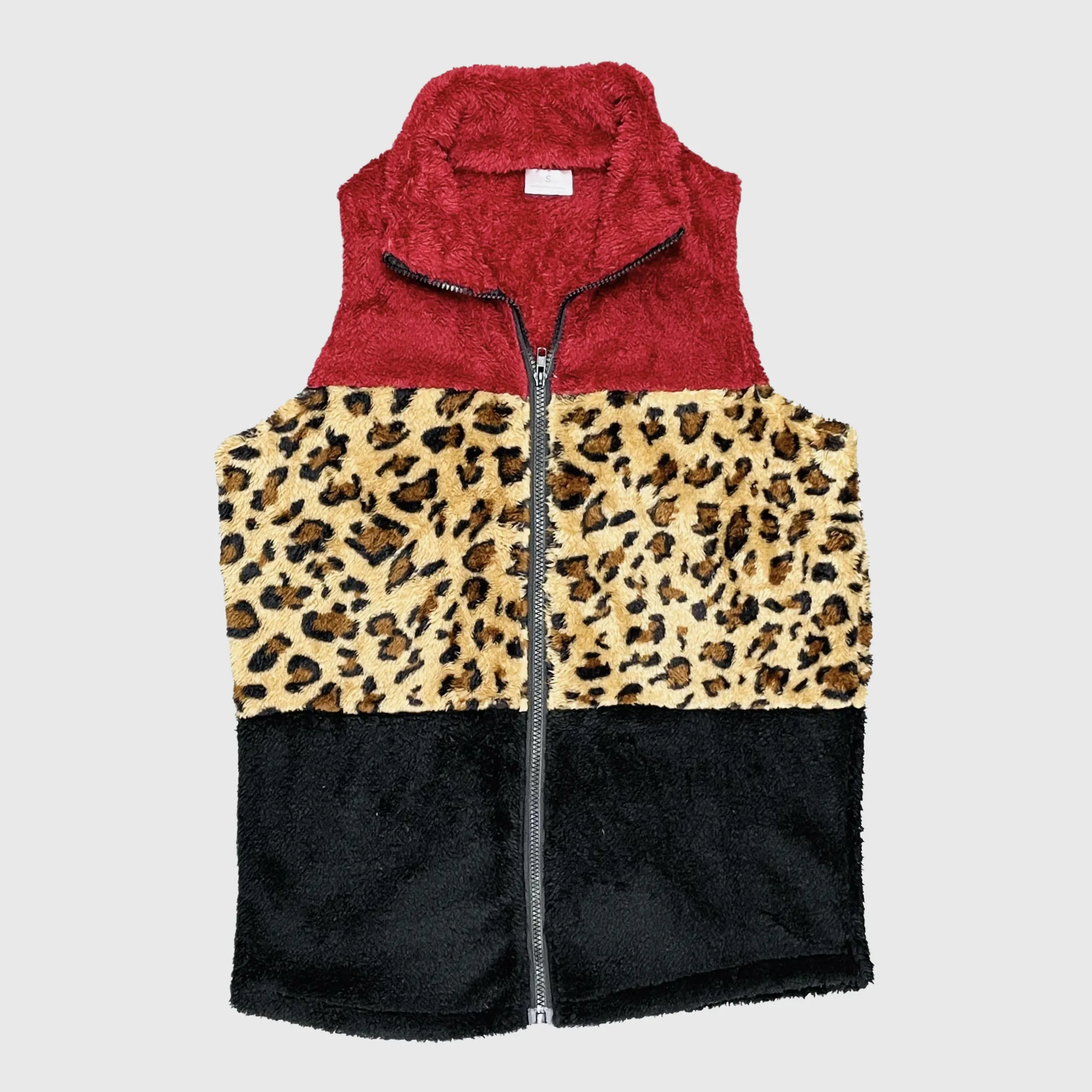 Sherpa Color Block Cheetah Burgundy Vest Women