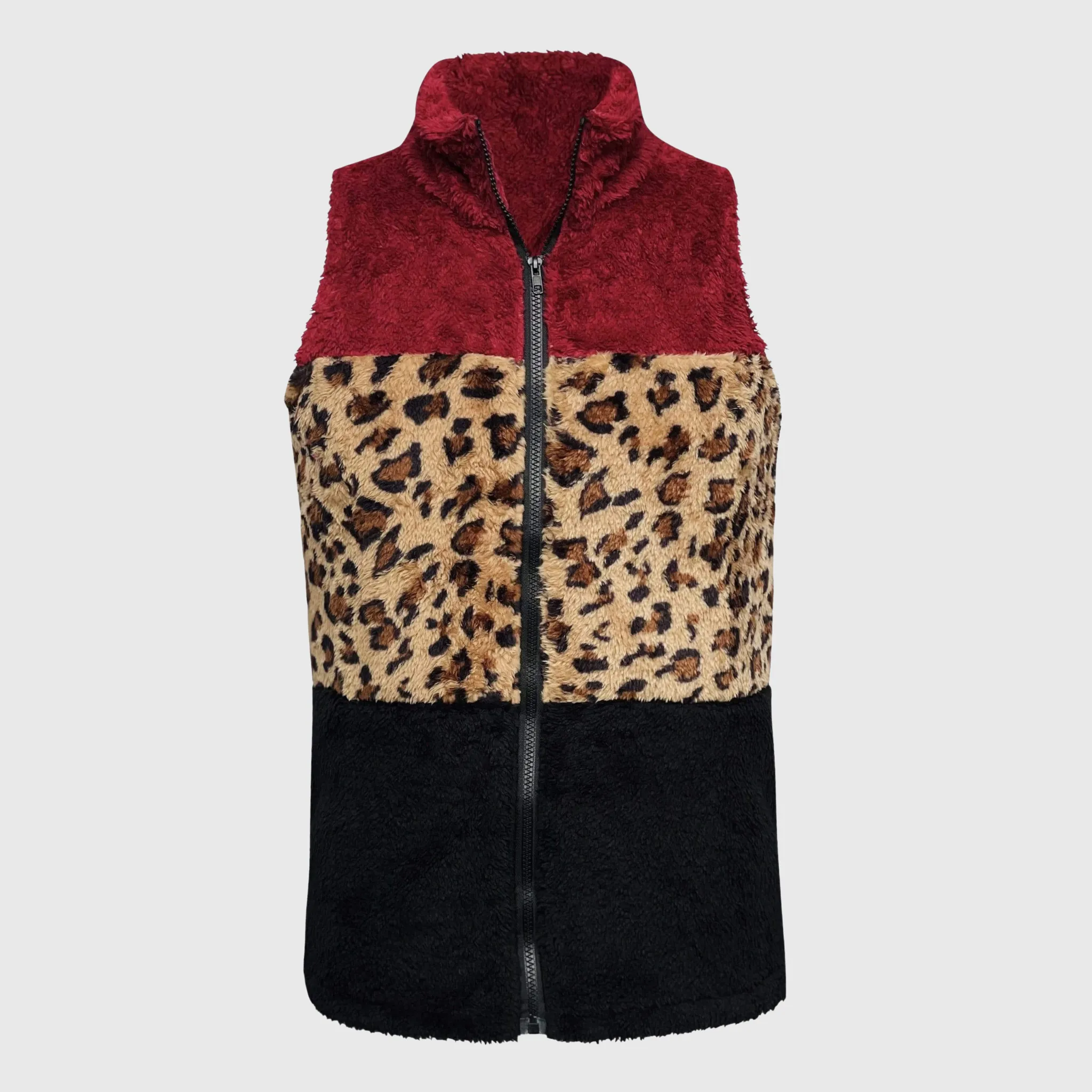 Sherpa Color Block Cheetah Burgundy Vest Women