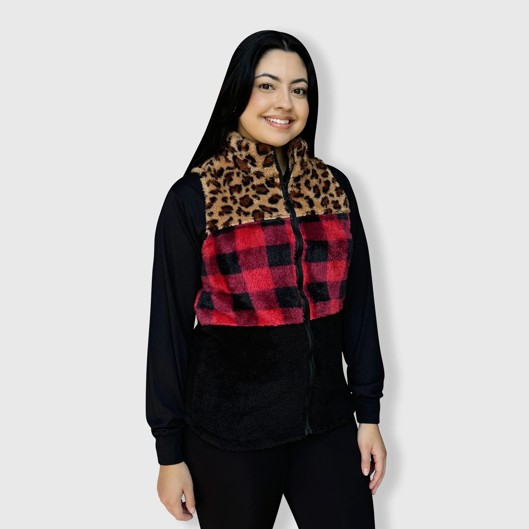 Sherpa Color Block Plaid Cheetah Vest Women